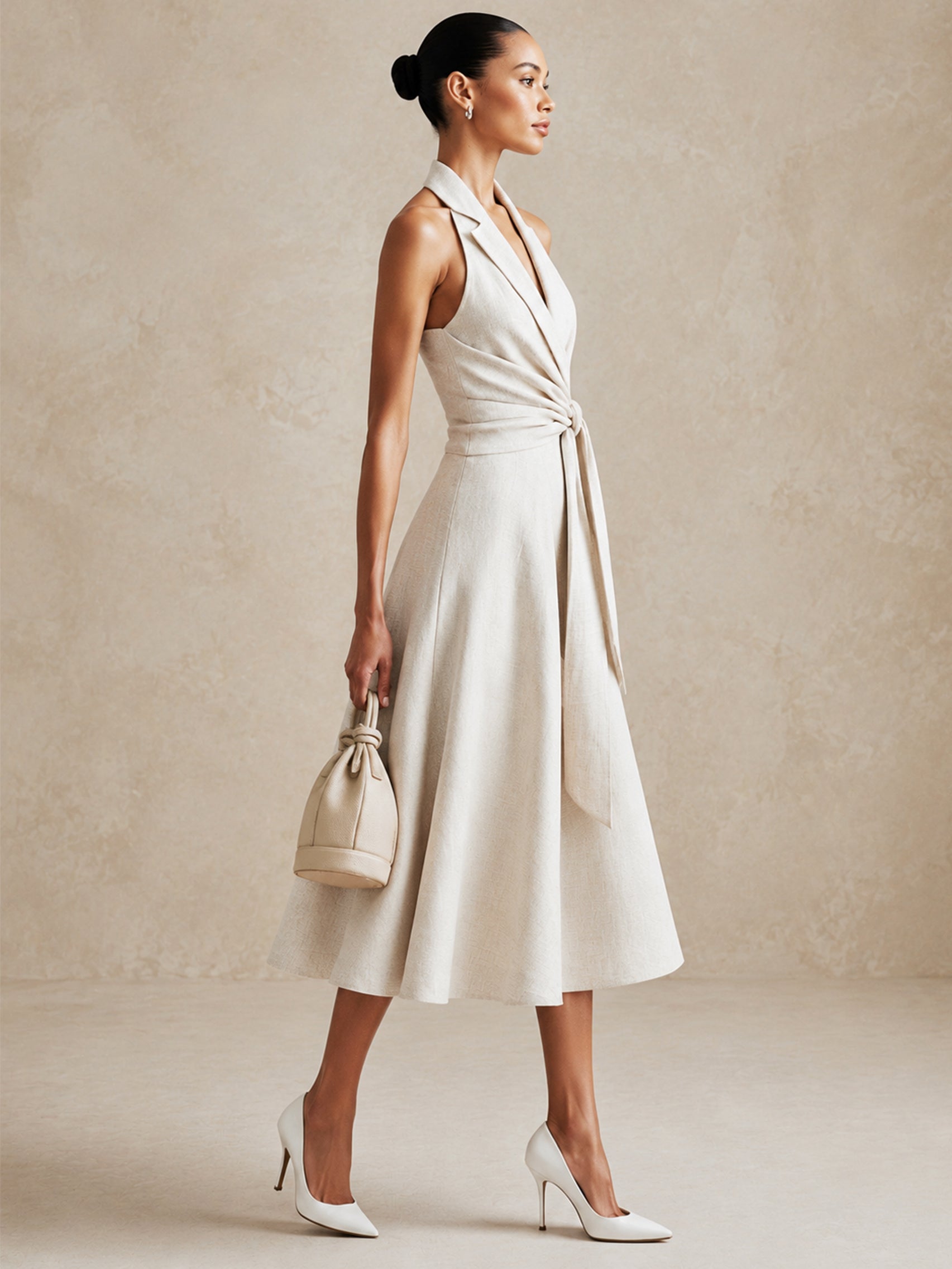 Linen Sleeveless Halter Lapel Midi Dress With Self-Tie Waist Wrap