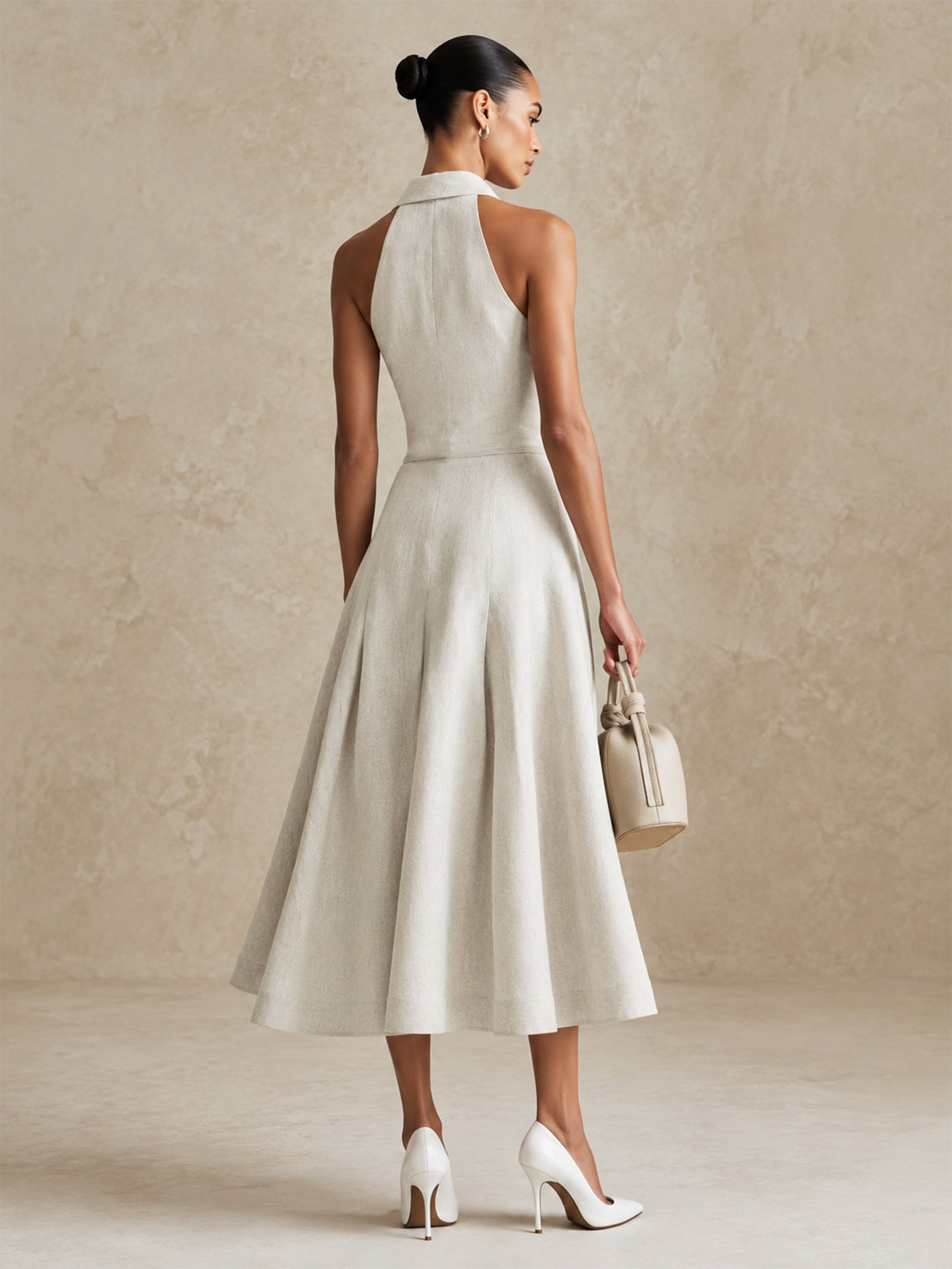 Linen Sleeveless Halter Lapel Midi Dress With Self-Tie Waist Wrap