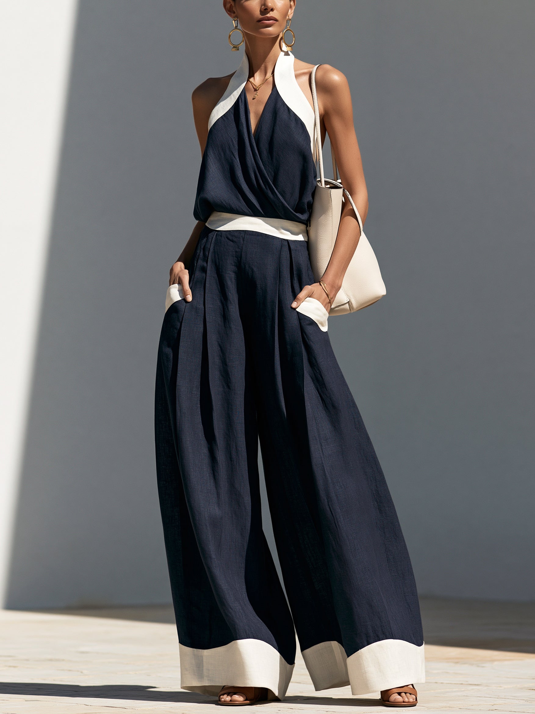 Midnight Blue Color-Block Halter-Neck Wide-Leg Jumpsuit