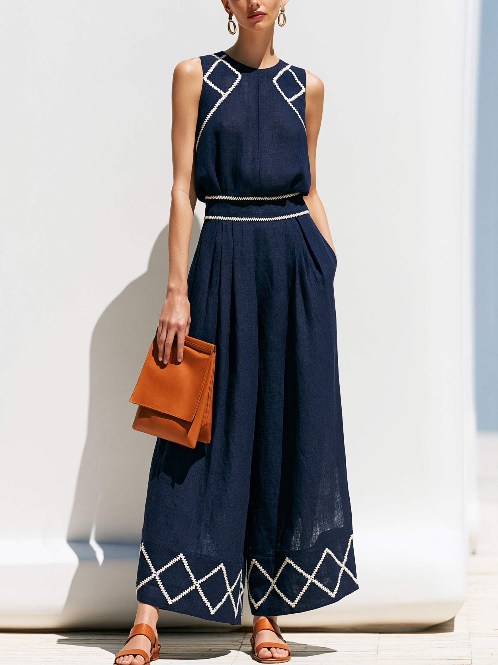 Navy Linen Sleeveless Jumpsuit With White Geometric Embroidery