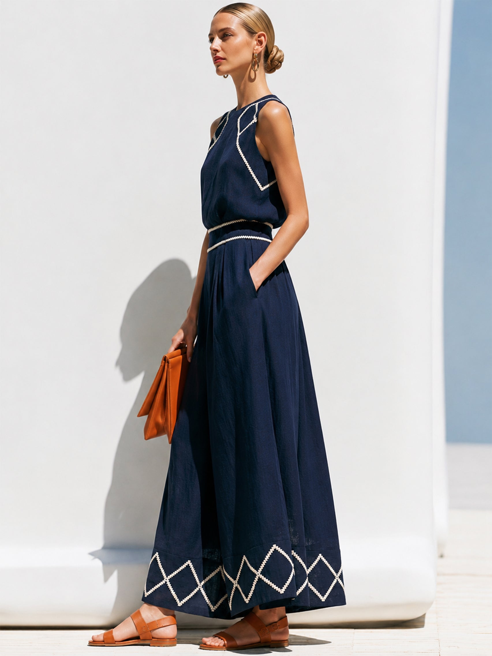 Navy Linen Sleeveless Jumpsuit With White Geometric Embroidery