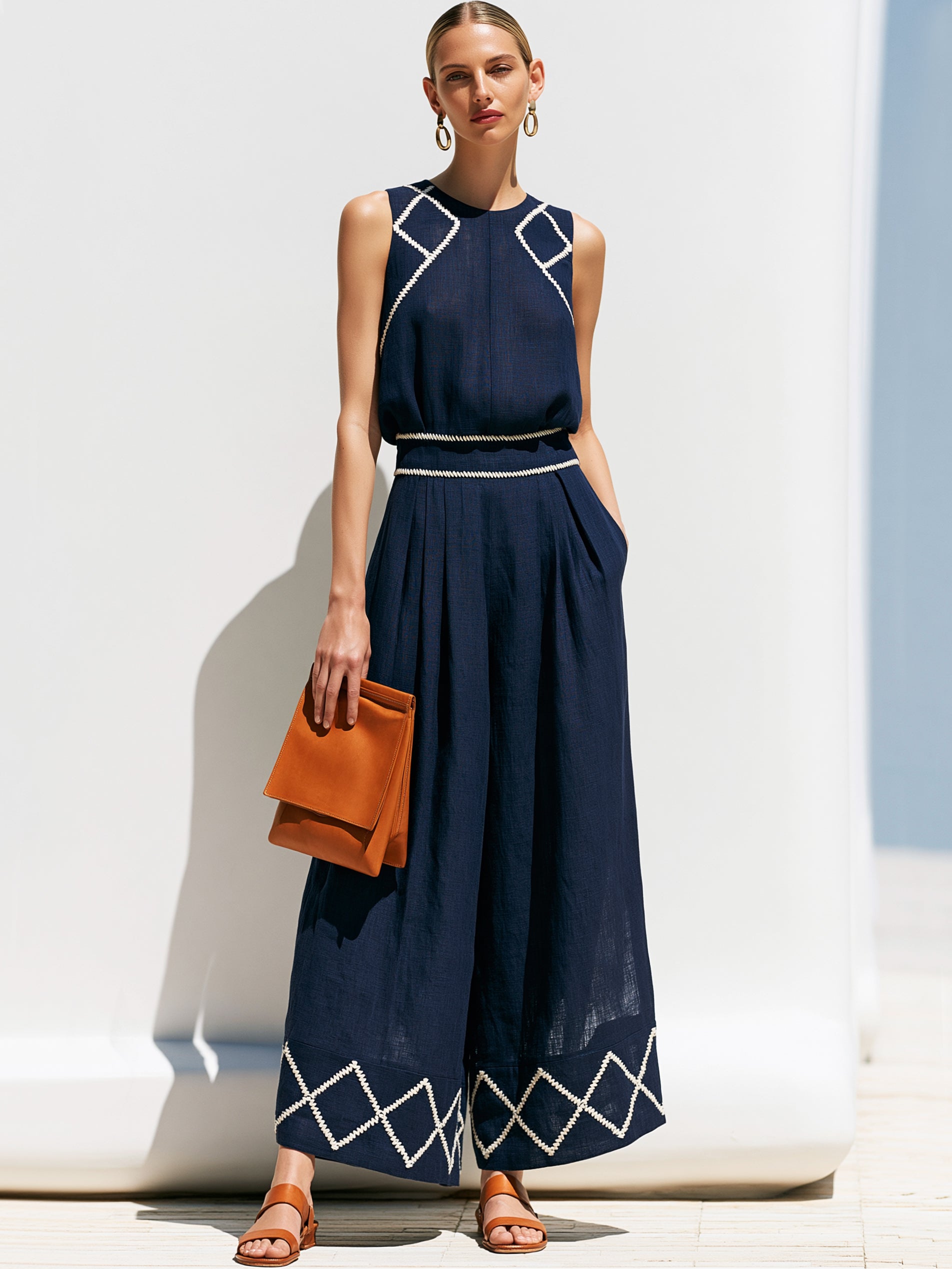 Navy Linen Sleeveless Jumpsuit With White Geometric Embroidery