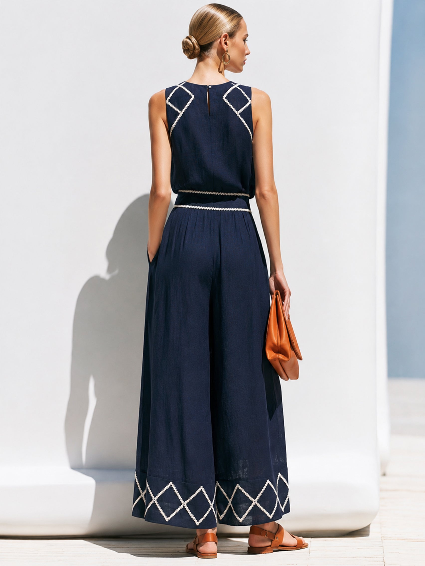 Navy Linen Sleeveless Jumpsuit With White Geometric Embroidery