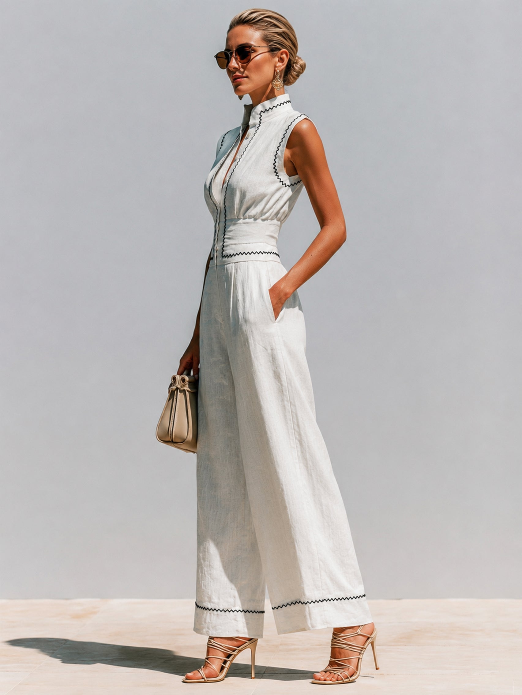 Linen Timeless Contrast Stitch Embroidery Jumpsuit