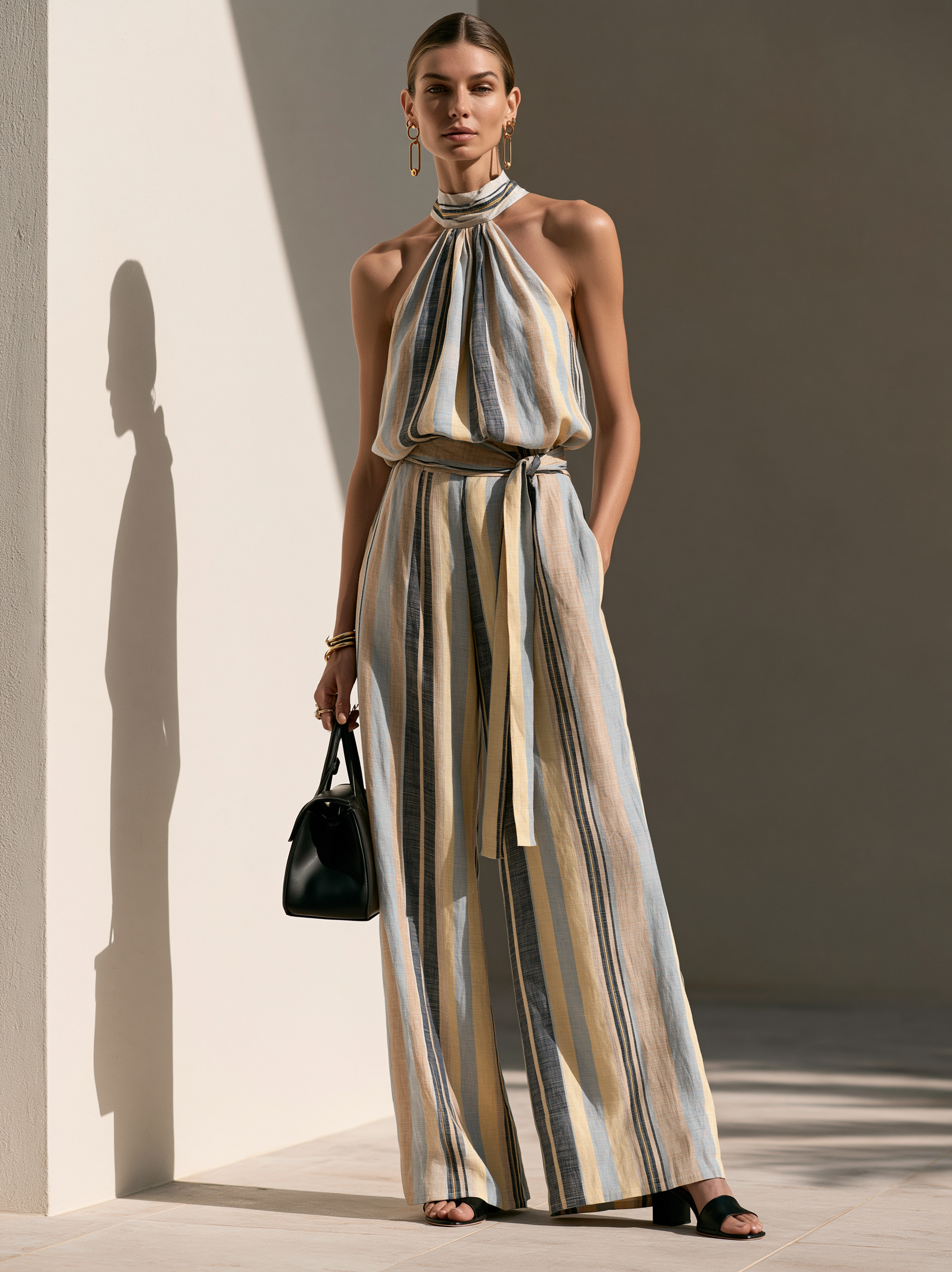 Open-Back Striped Halter Jumpsuit