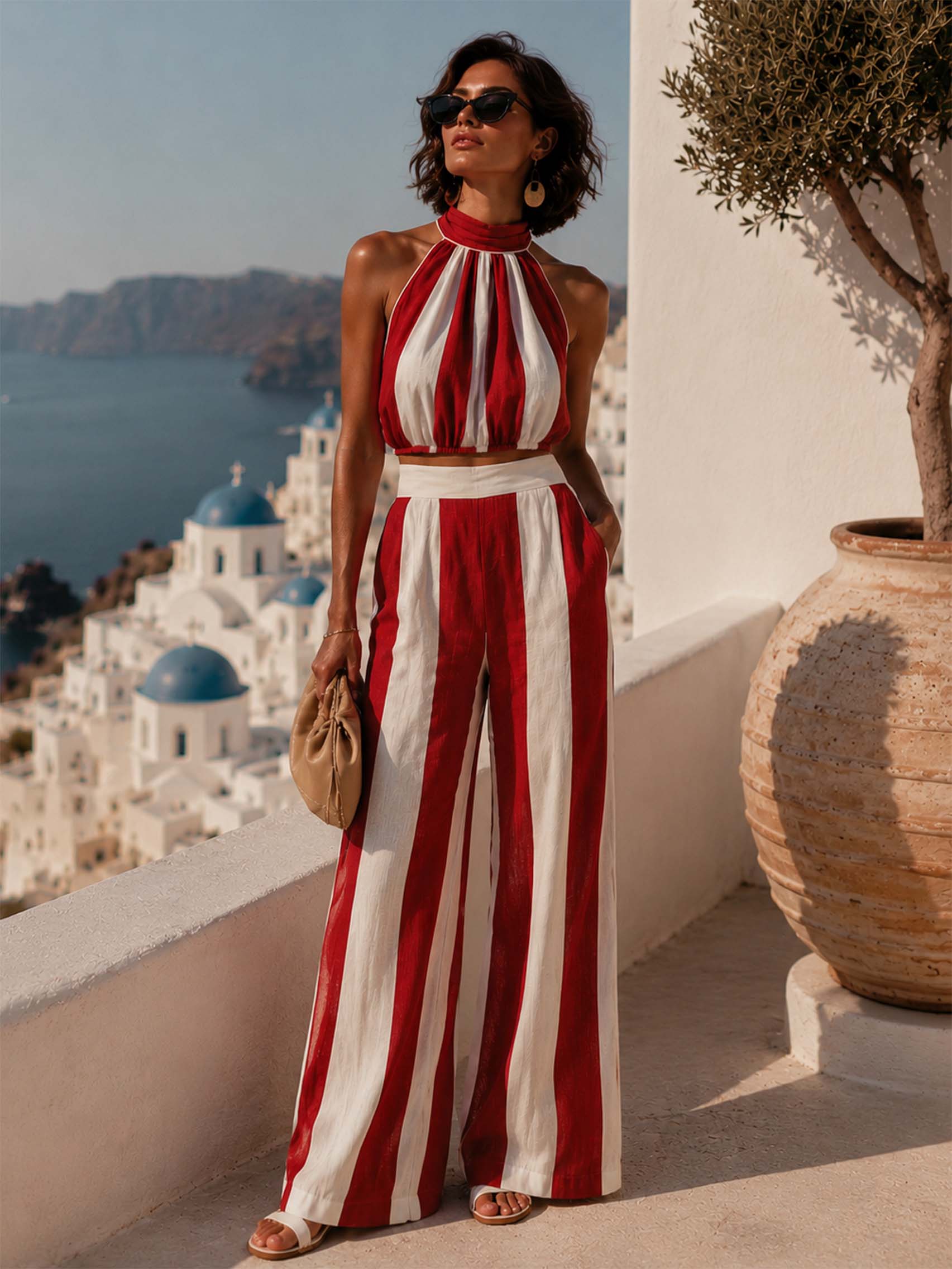 Red & White Stripe Linen Halter Top & Wide Leg Pant Set