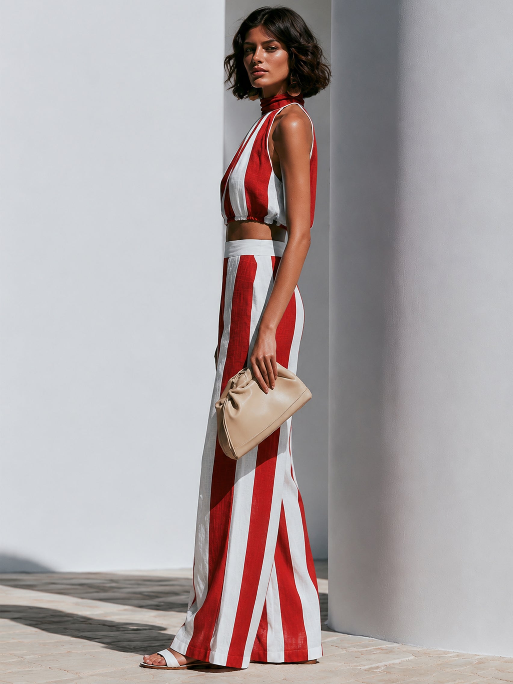 Red & White Stripe Linen Halter Top & Wide Leg Pant Set