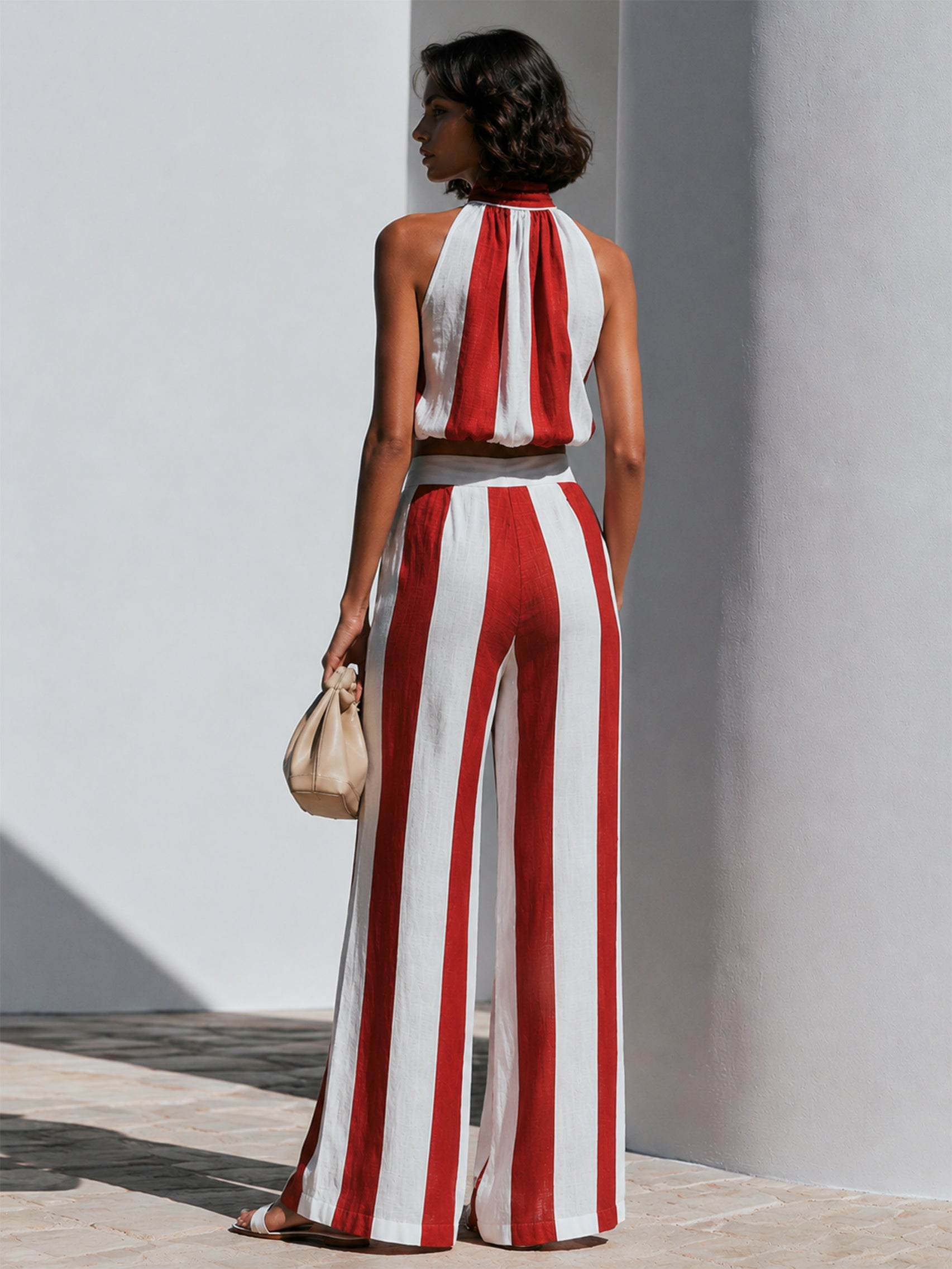 Red & White Stripe Linen Halter Top & Wide Leg Pant Set