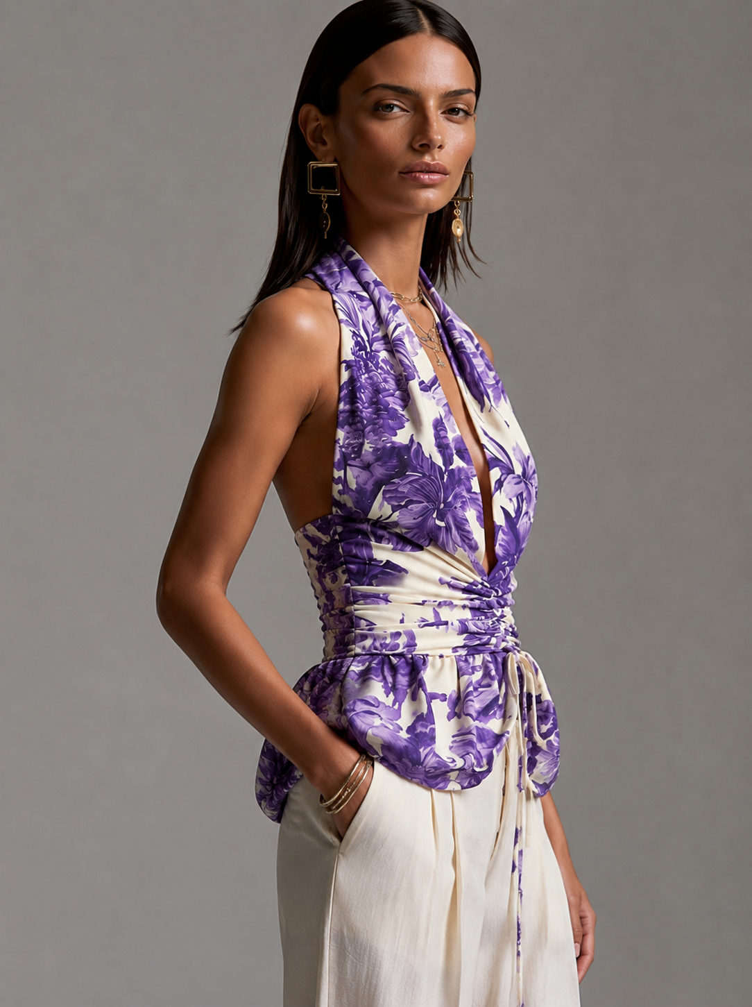 Purple Floral Print Back-tie Waist-cinching Tank Top