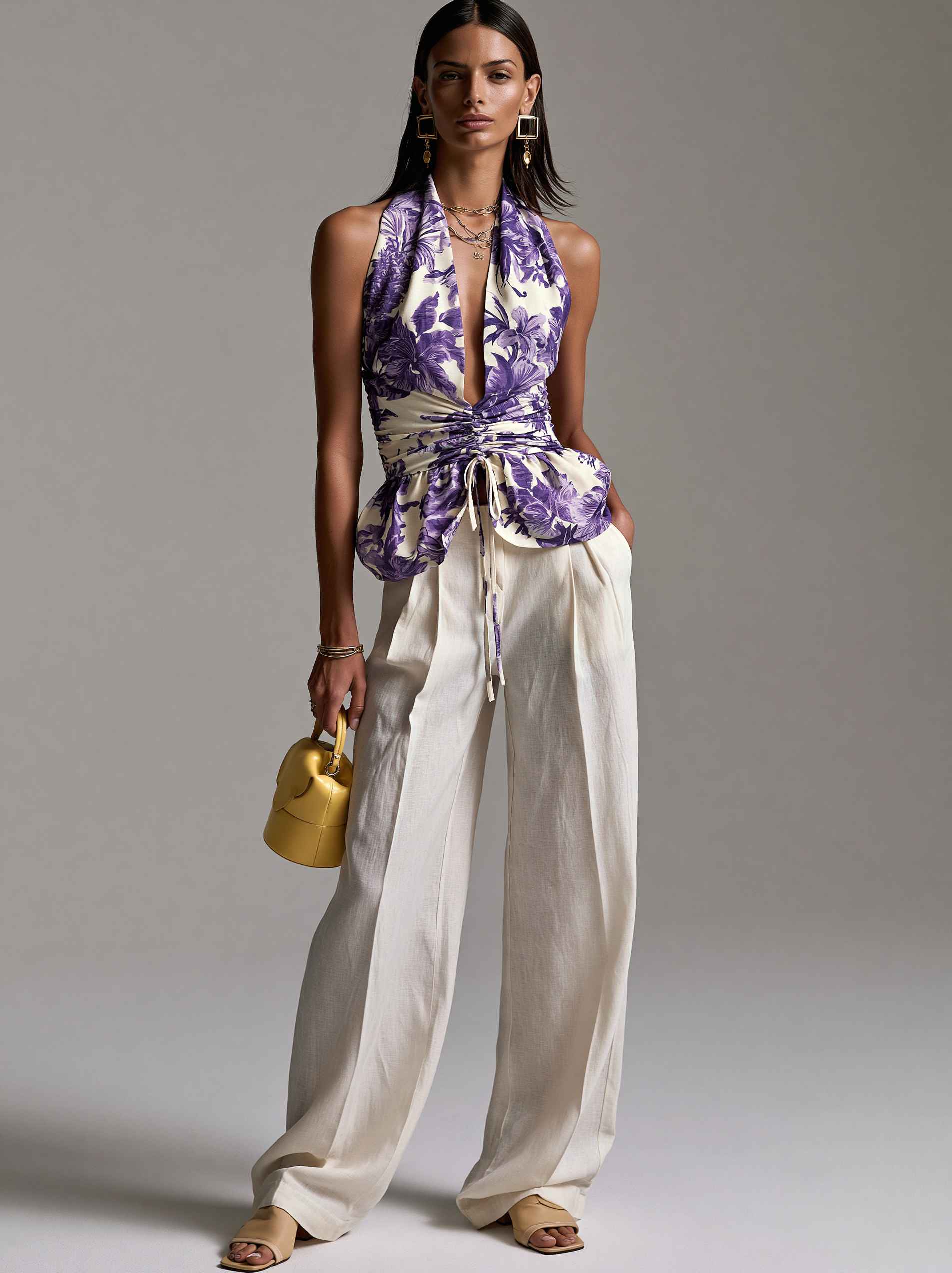 Purple Floral Print Back-tie Waist-cinching Tank Top