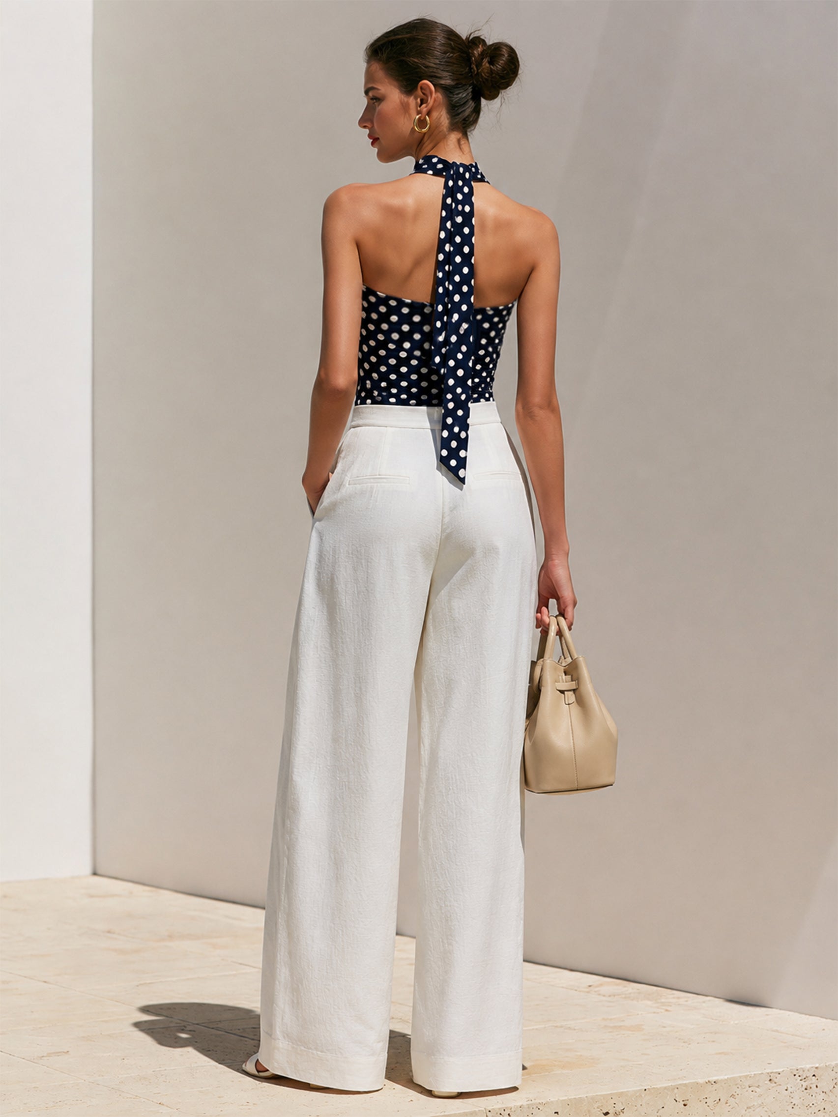 Elegant Stretch Polka Dot Top & Linen Wide Leg Pants Set