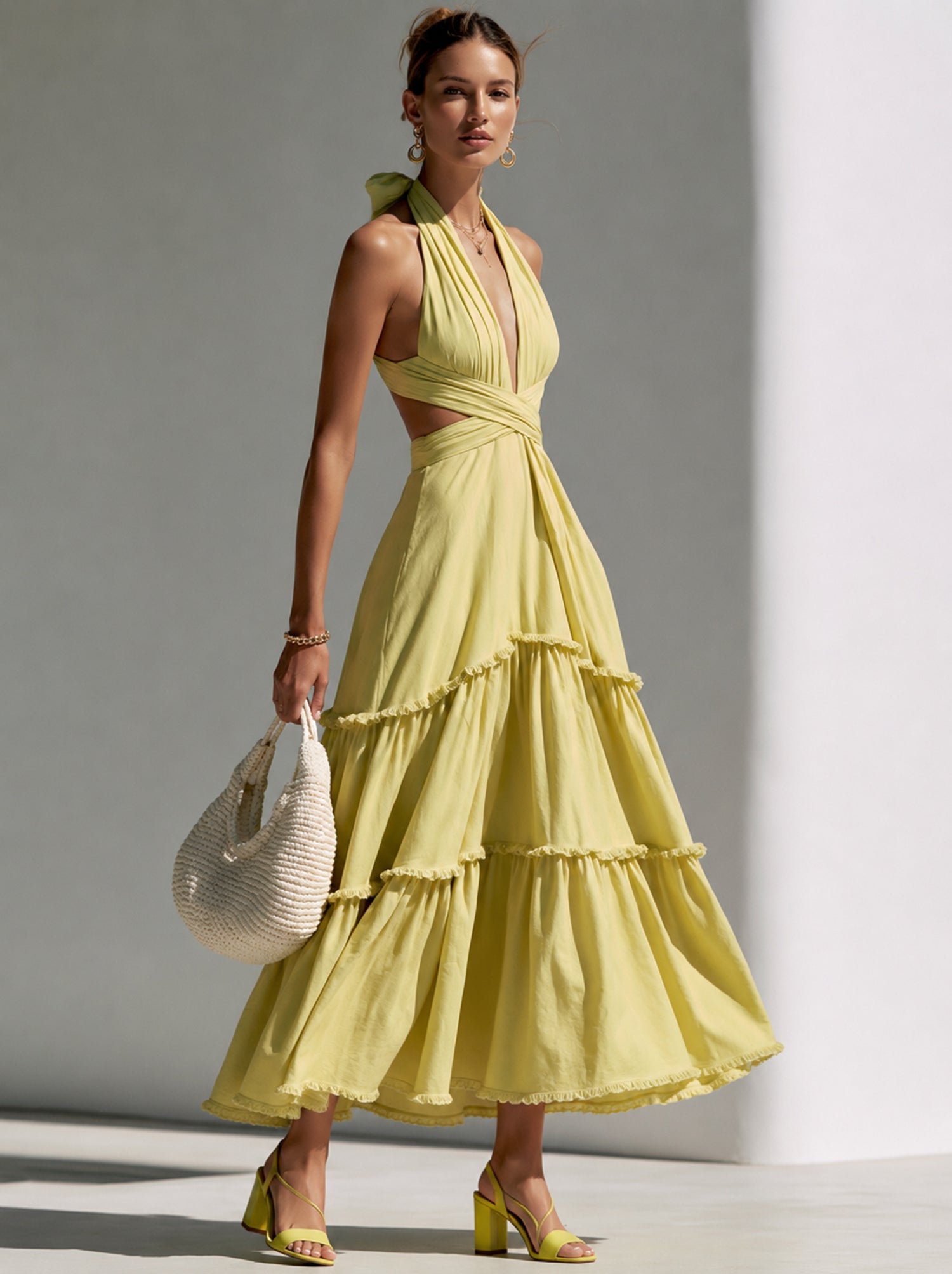Pale Lemon Halter-Neck Dress With Criss-Cross Design & Ruffled Hem – Perfect For Island Getaways