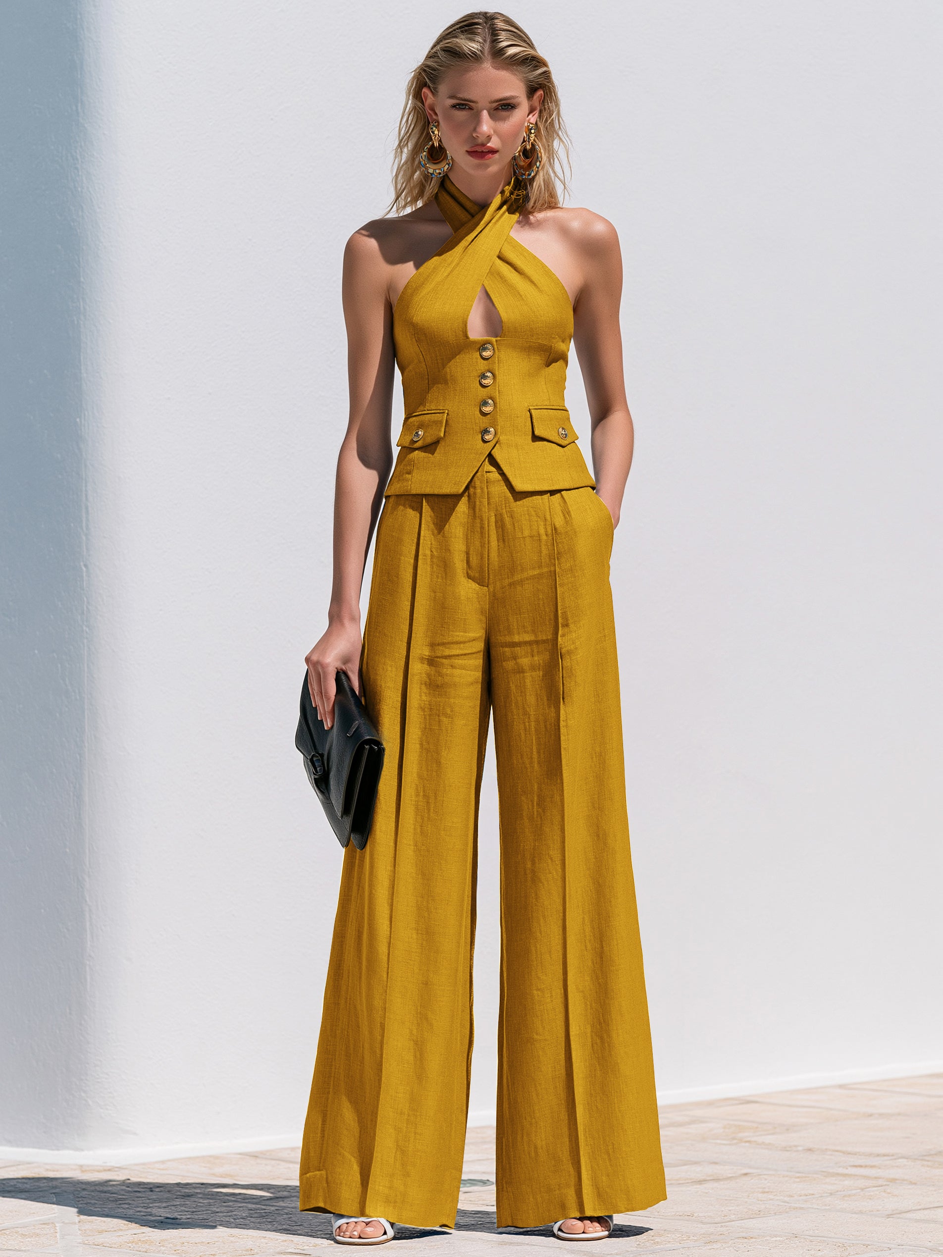 Elegant Cross Halter Waistcoat & Wide Leg Trouser Set