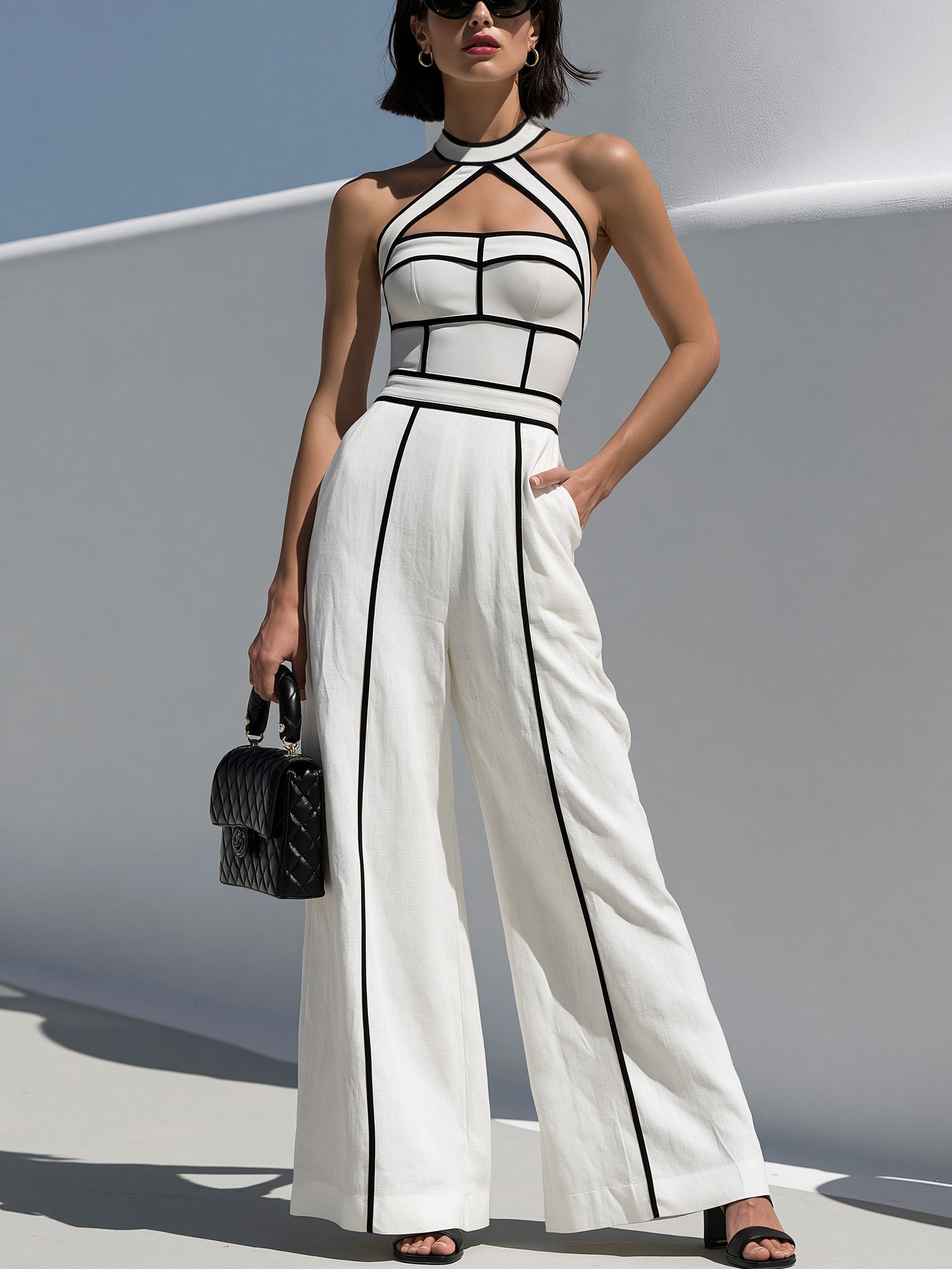 White Halter Neck Jumpsuit With Black Contrast Piping