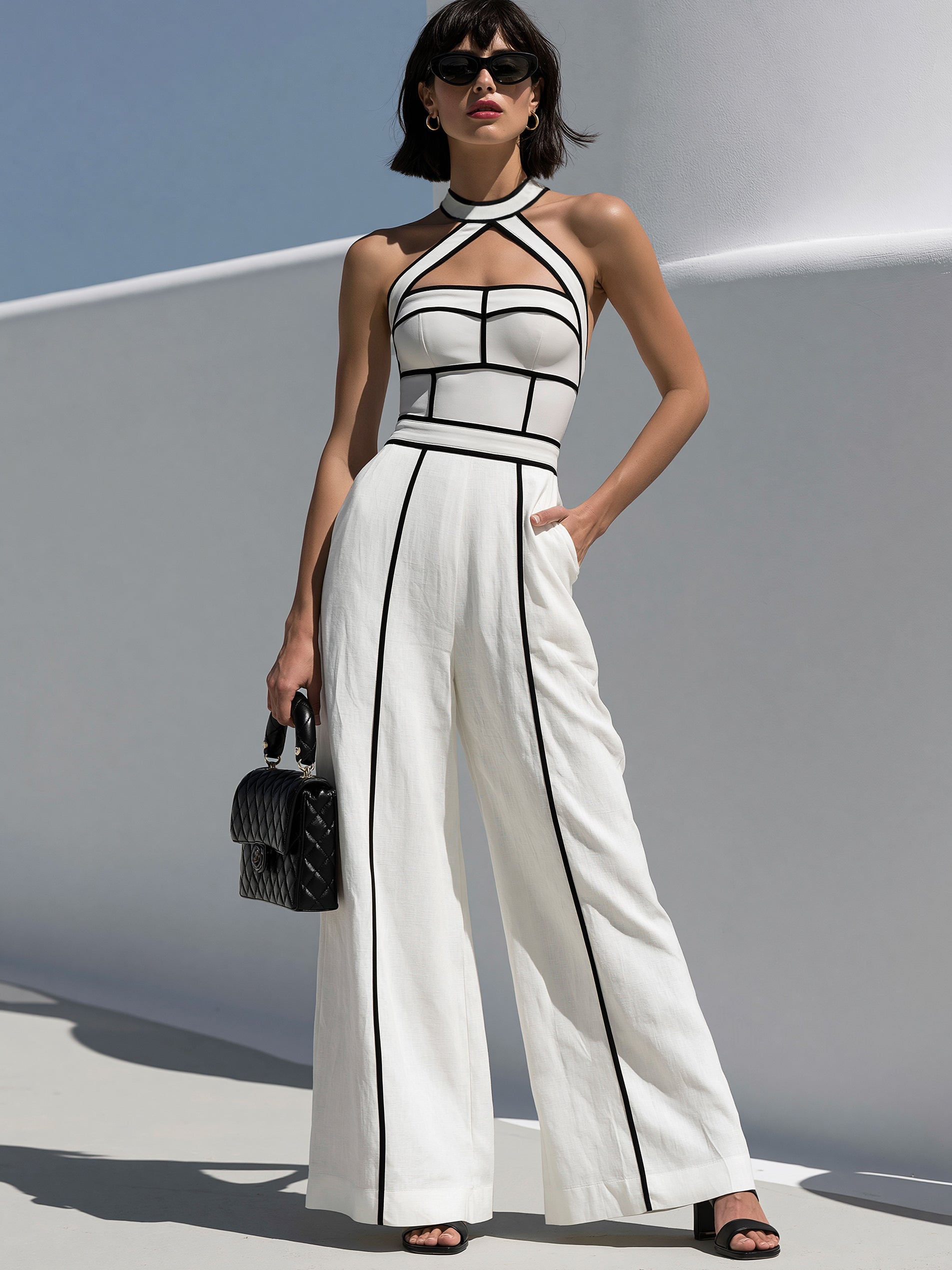 White Halter Neck Jumpsuit With Black Contrast Piping