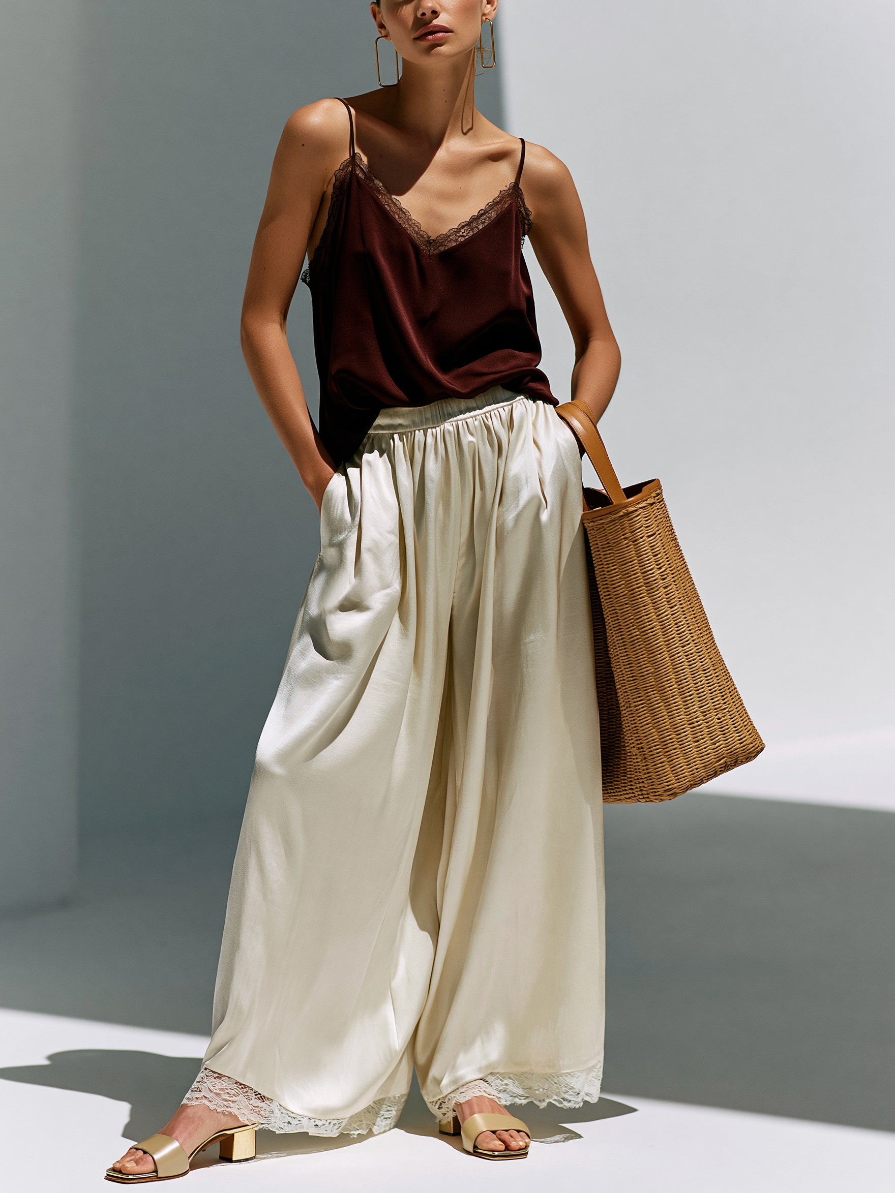 French-Style Effortless Satin Camisole & Wide-Leg Trouser Set