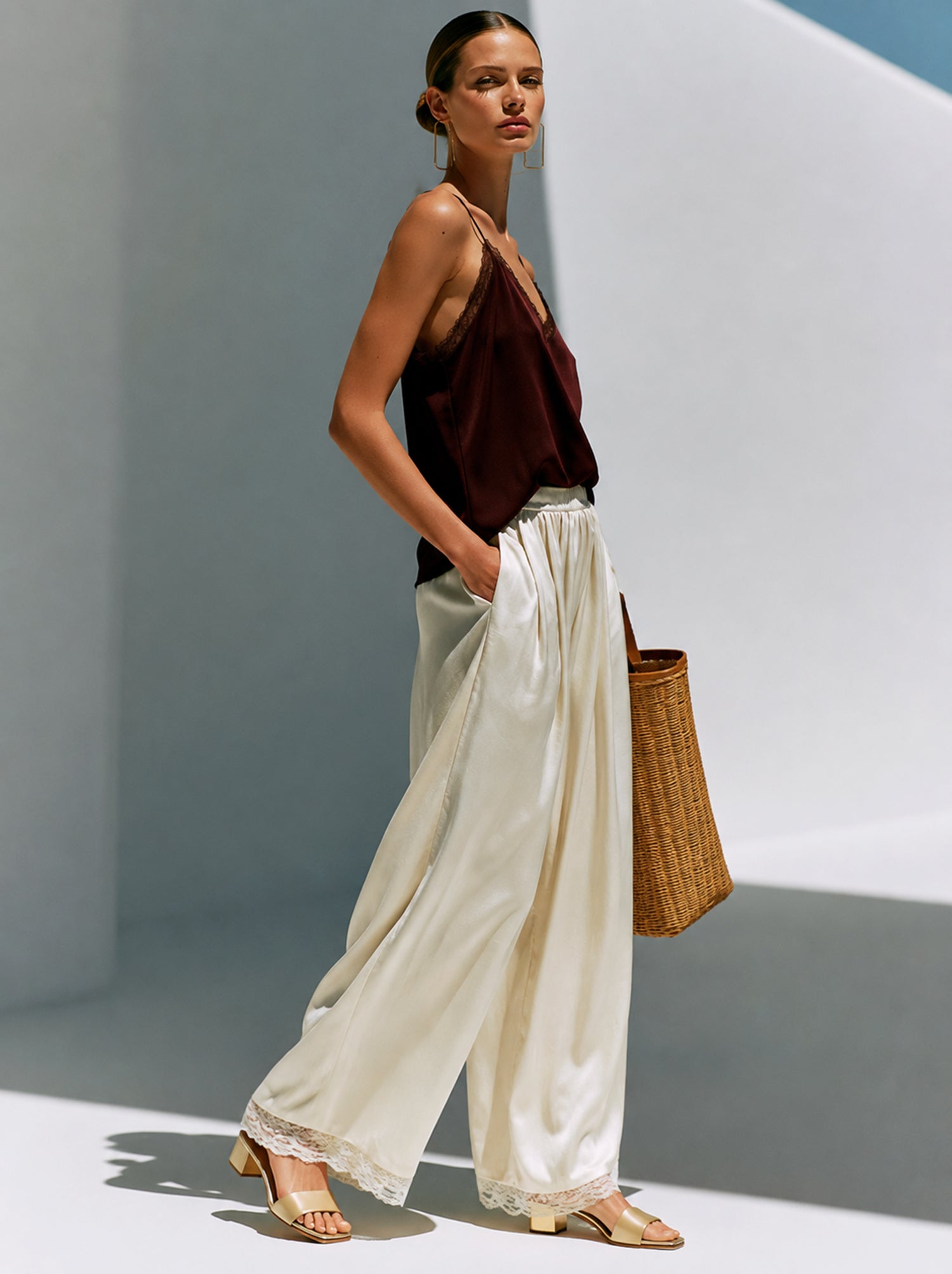 French-Style Effortless Satin Camisole & Wide-Leg Trouser Set