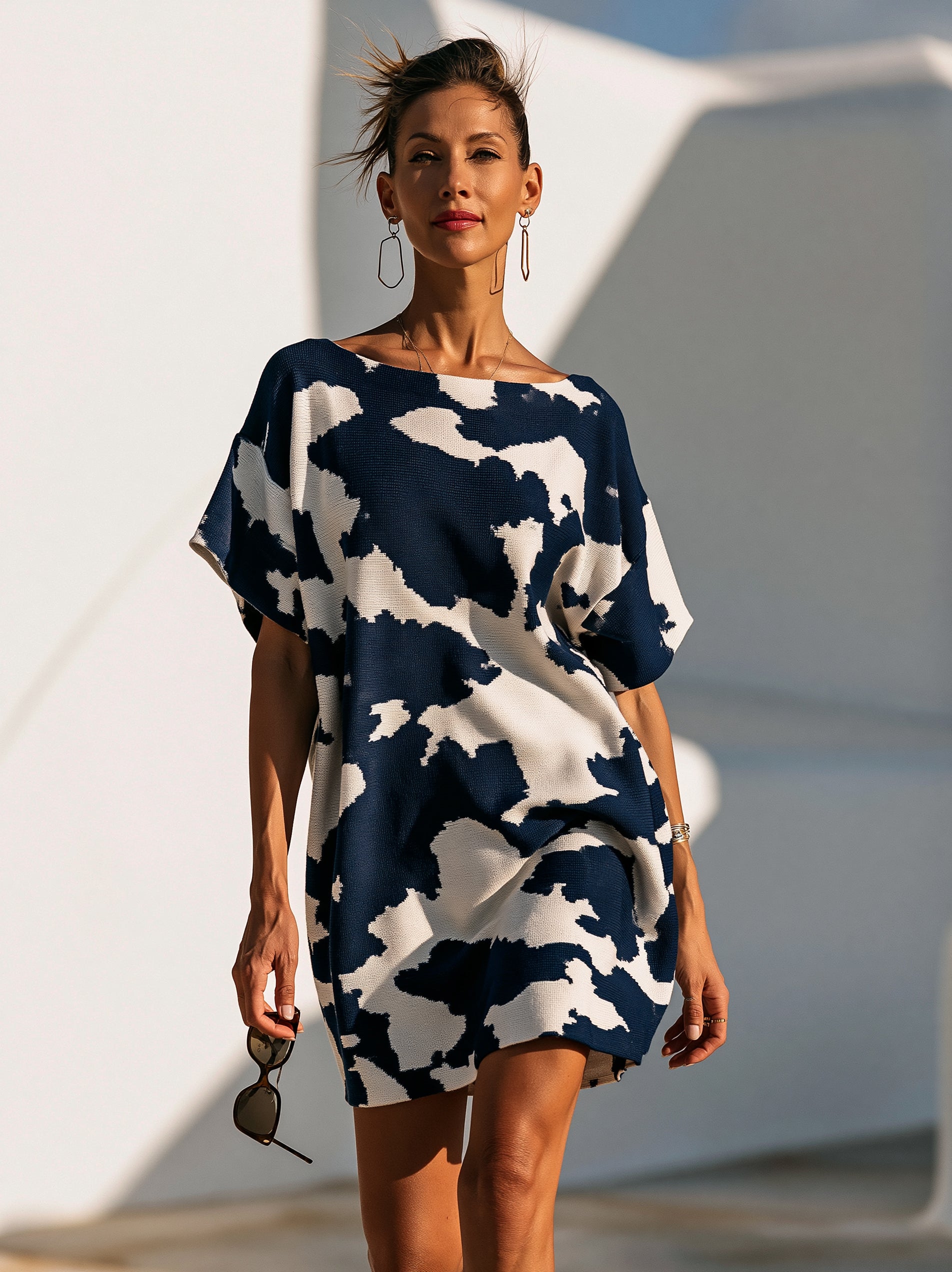 Blue & White Color-Block Loose Casual Dress/Cover-up