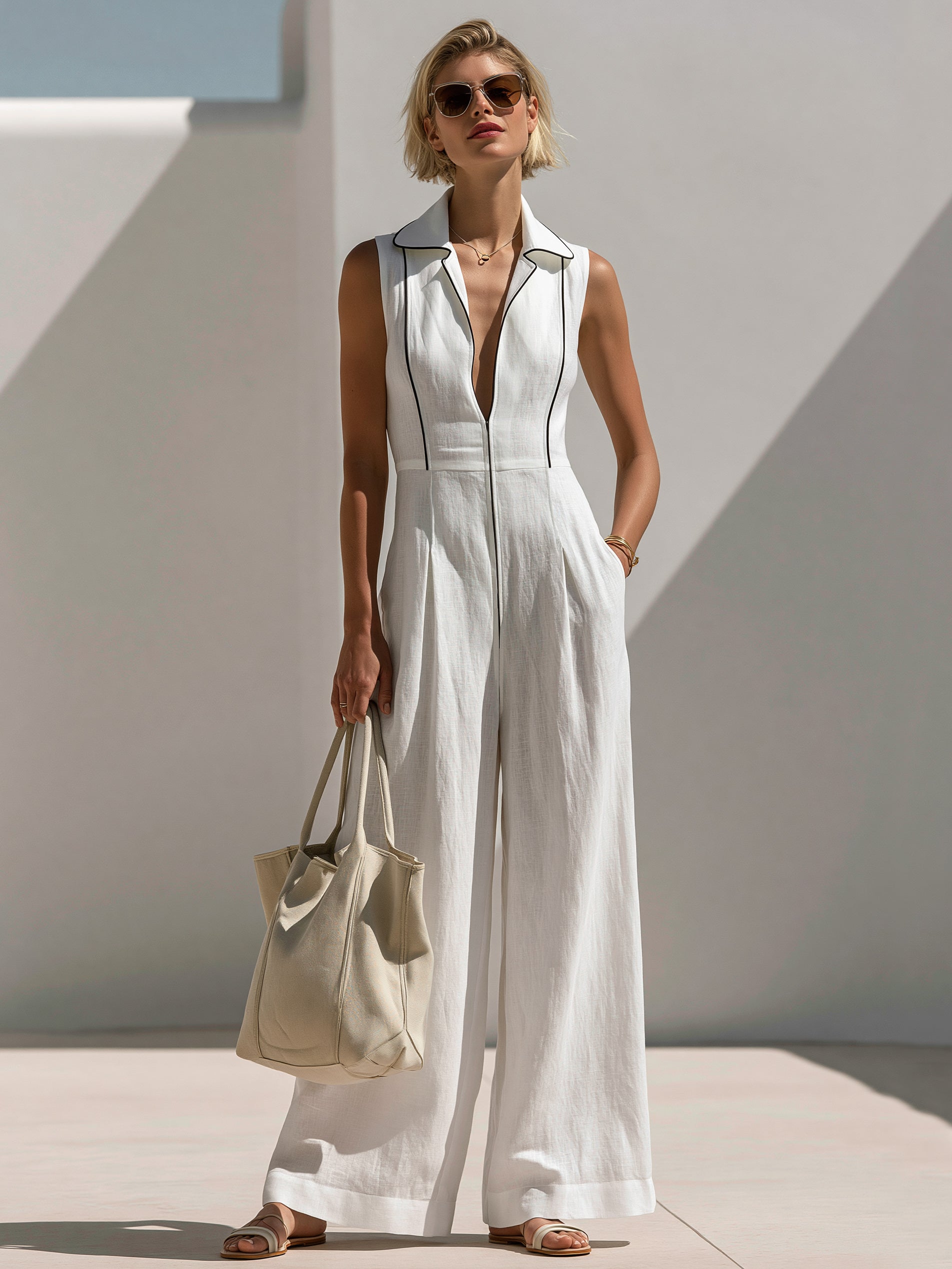 Elegant White Sleeveless Jumpsuit With Contrast Trim