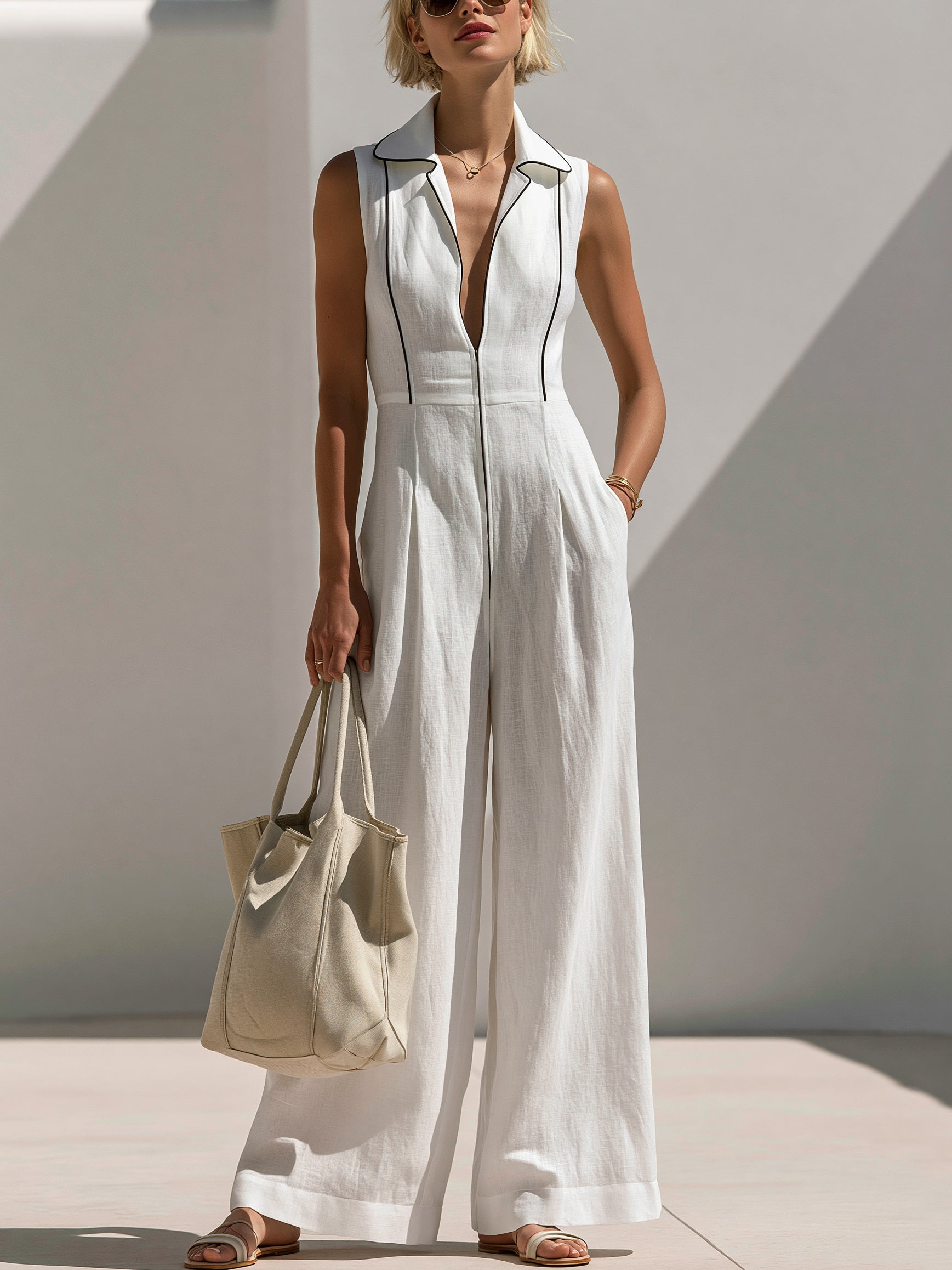 Elegant White Sleeveless Jumpsuit With Contrast Trim