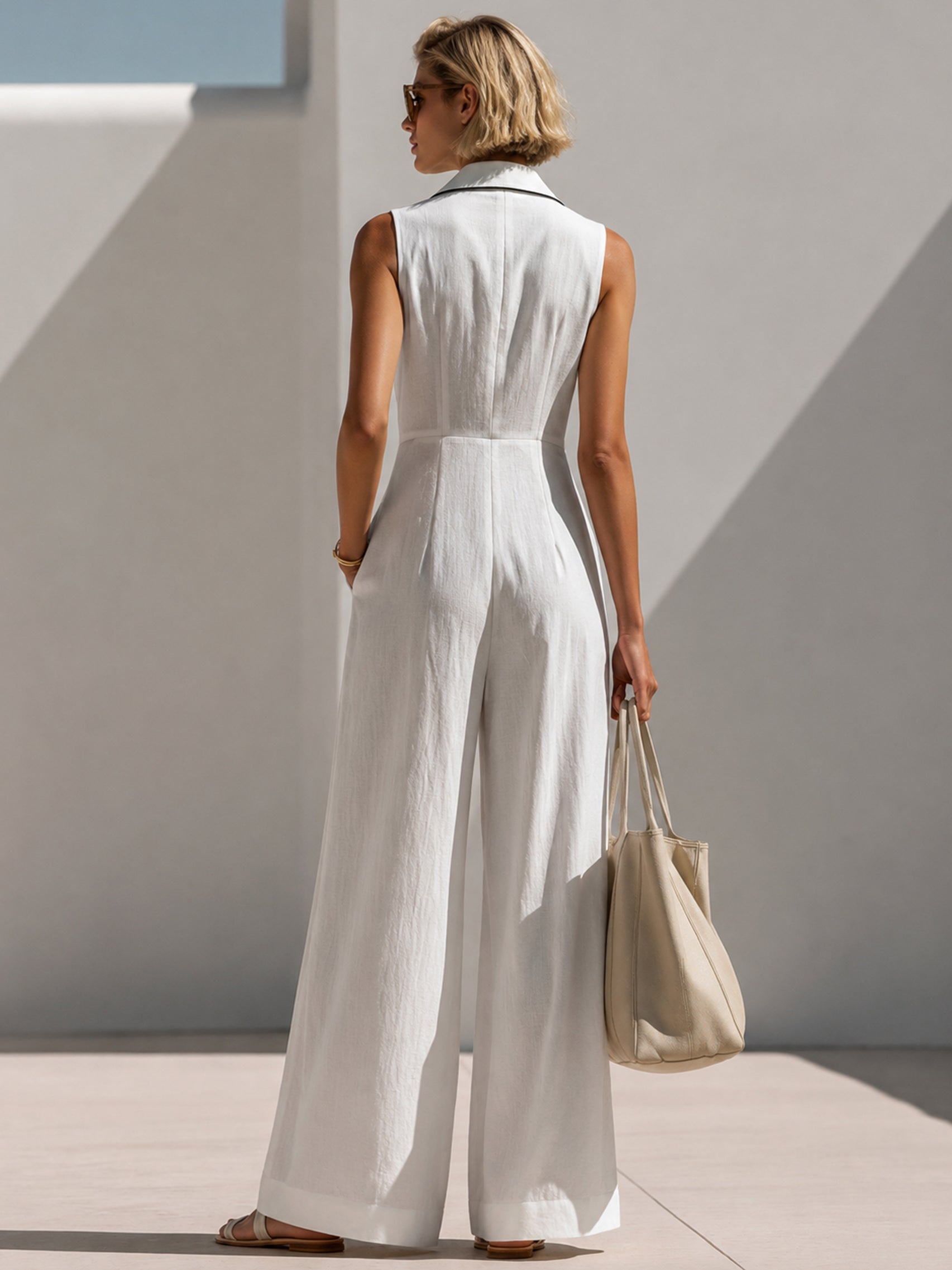Elegant White Sleeveless Jumpsuit With Contrast Trim