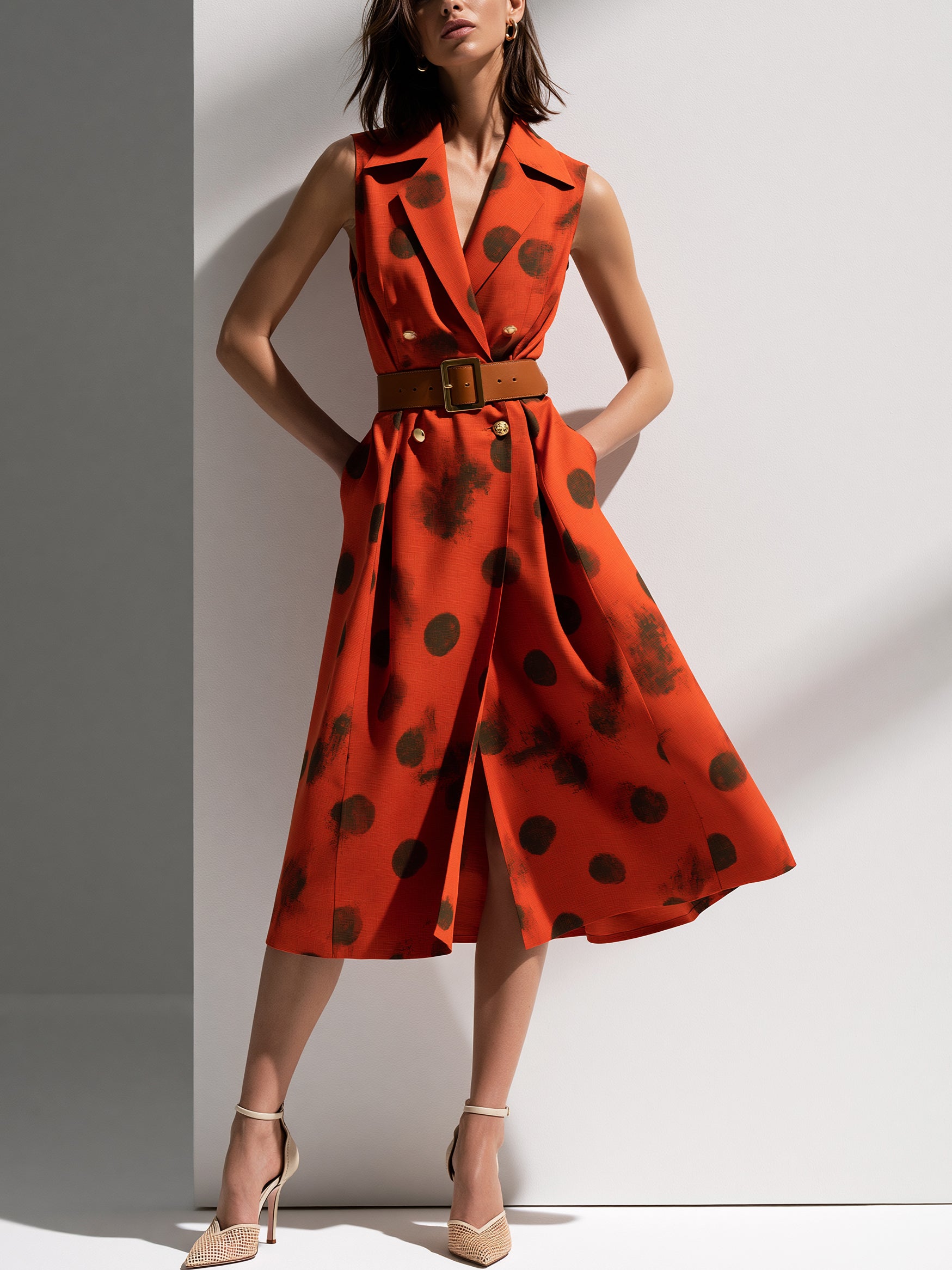 Burnt Orange Leeveless Blazer Midi Dress With Waist Belt