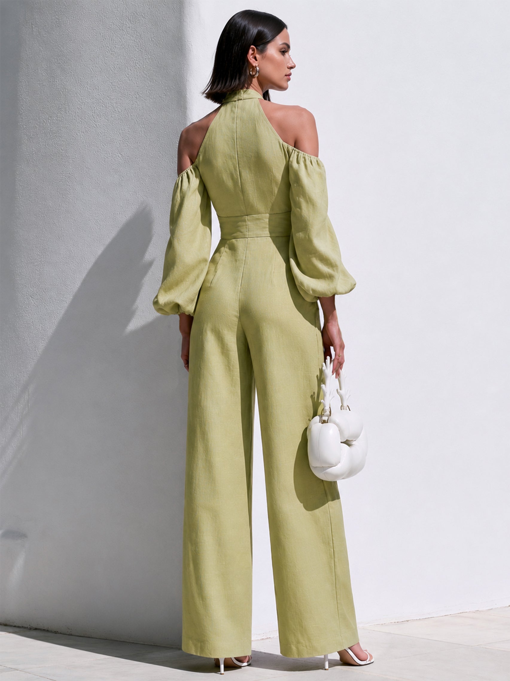 Lime Green Linen Halter Neck Cold-Shoulder Balloon Sleeve Jumpsuit
