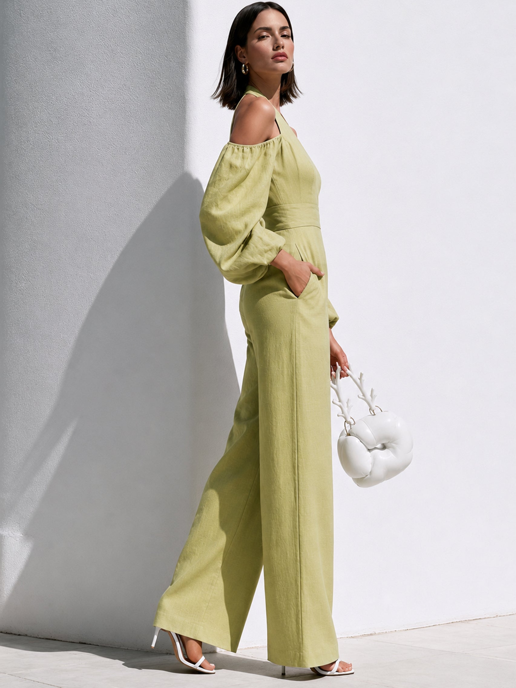 Lime Green Linen Halter Neck Cold-Shoulder Balloon Sleeve Jumpsuit