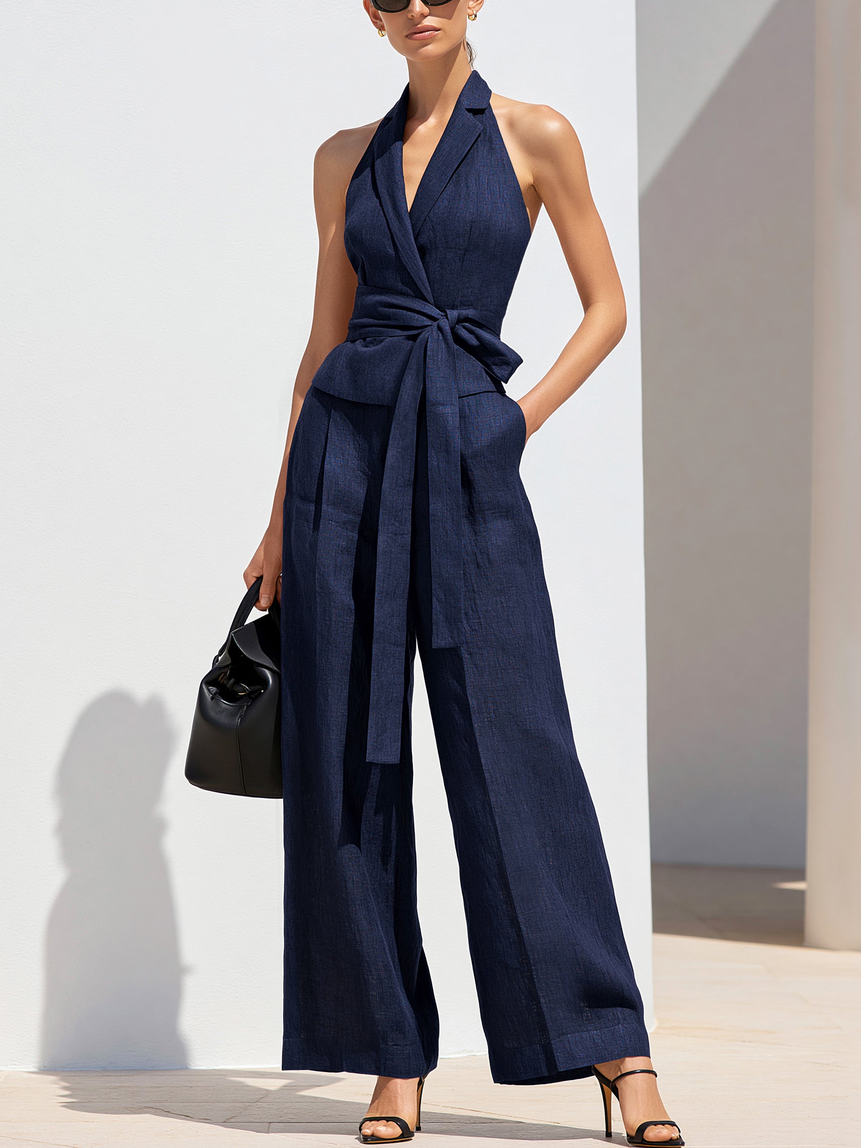 Elegant Navy Linen Halter Blazer Top & Wide Leg Trouser Set