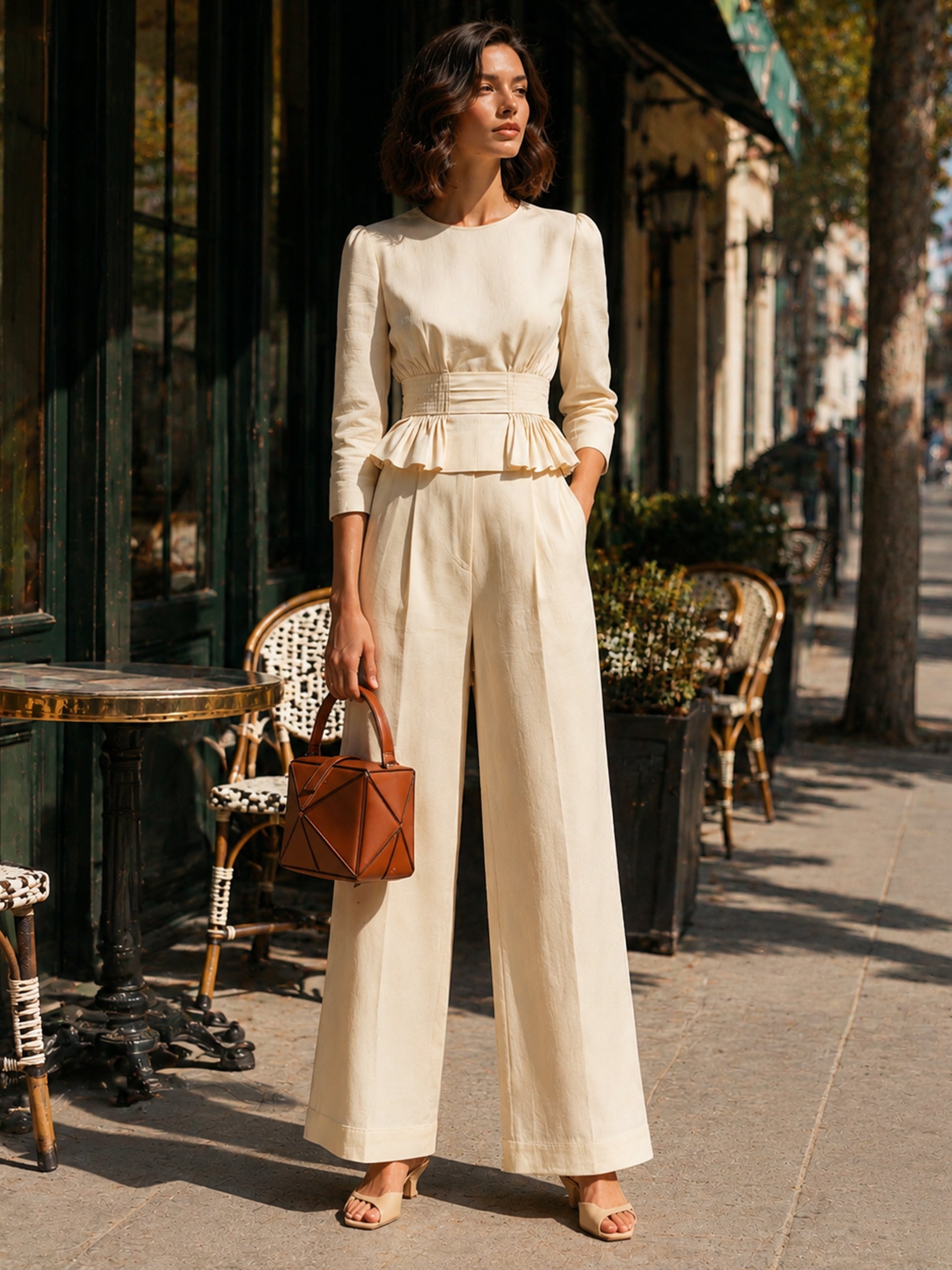 Linen Peplum 3/4 Sleeve Top & Wide Leg Trouser Set