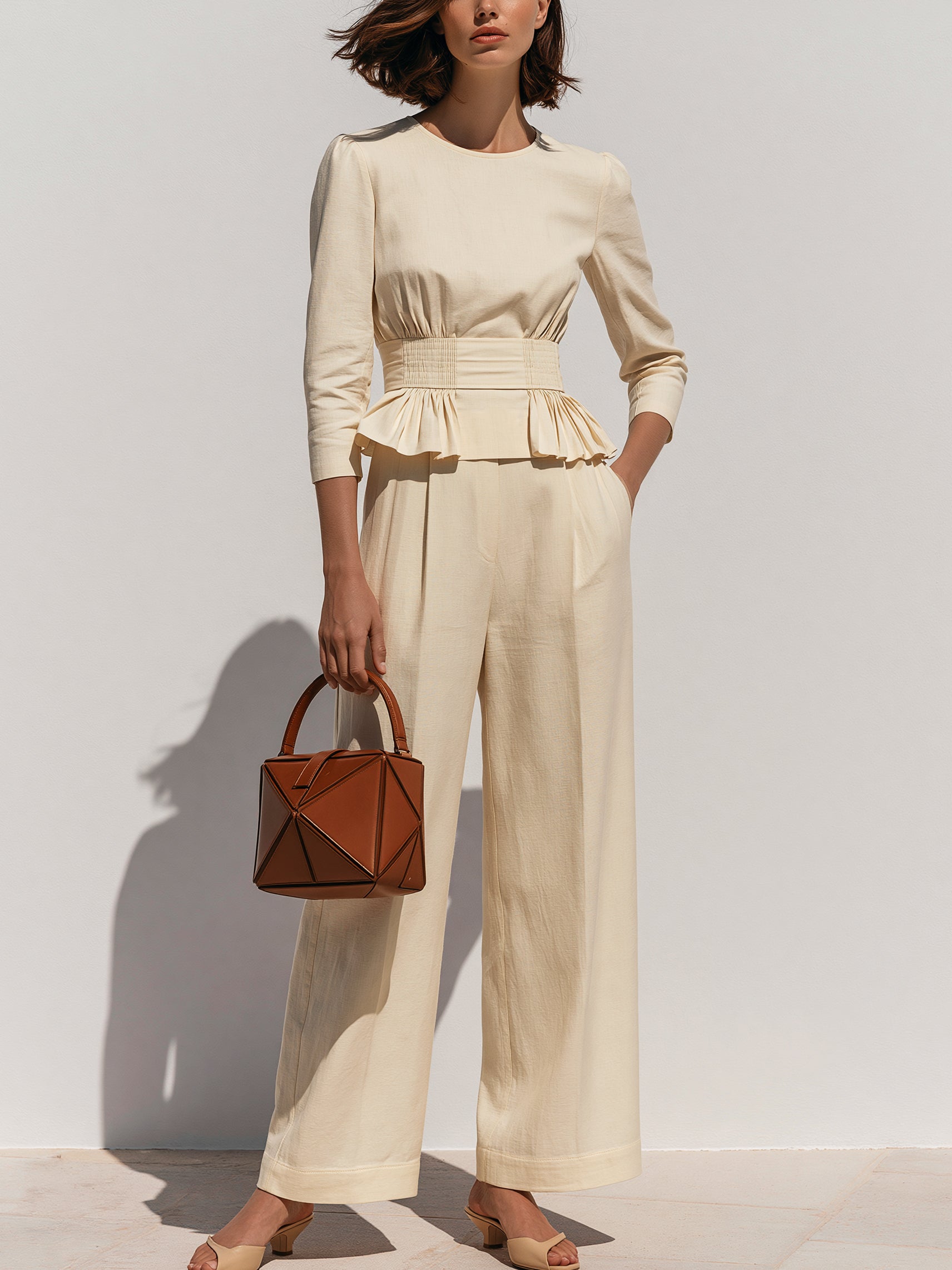 Linen Peplum 3/4 Sleeve Top & Wide Leg Trouser Set