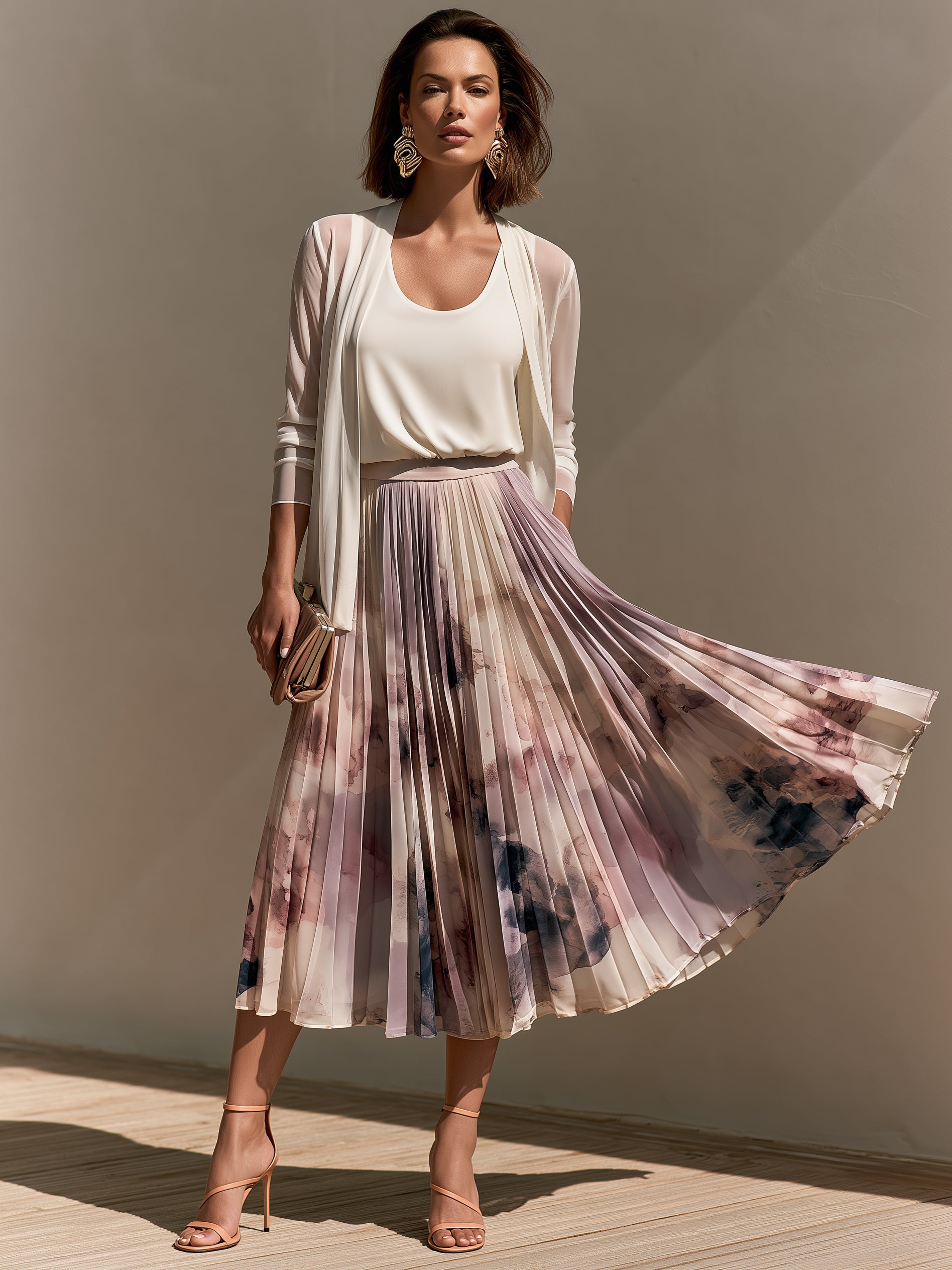 Three-Piece Set: Pleated Printed Skirt With An Oil-Painting Aesthetic