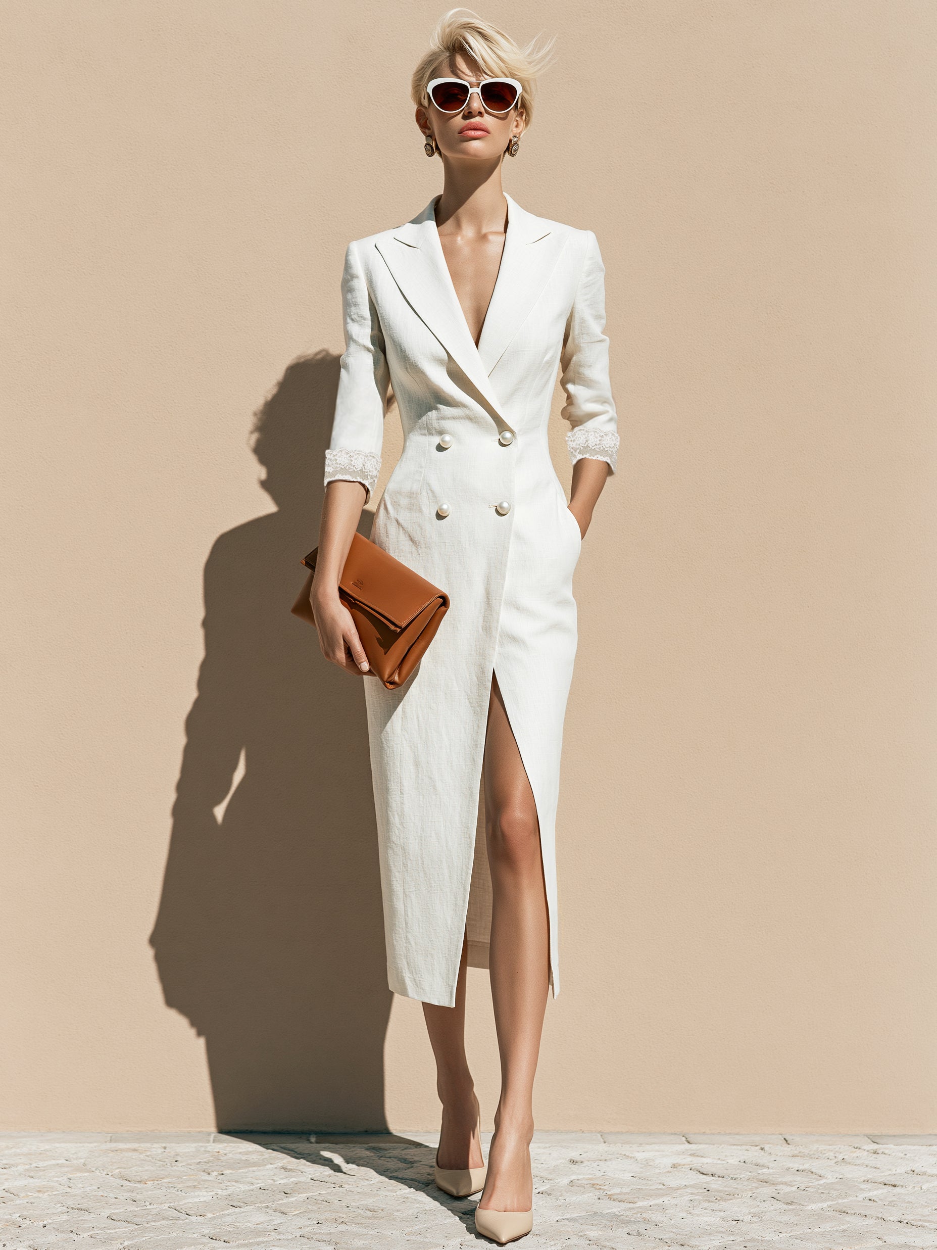 Linen Blazer Three-guarter Sleeve Midi Dress With Pearl Buttons & Lace Cuff Trim