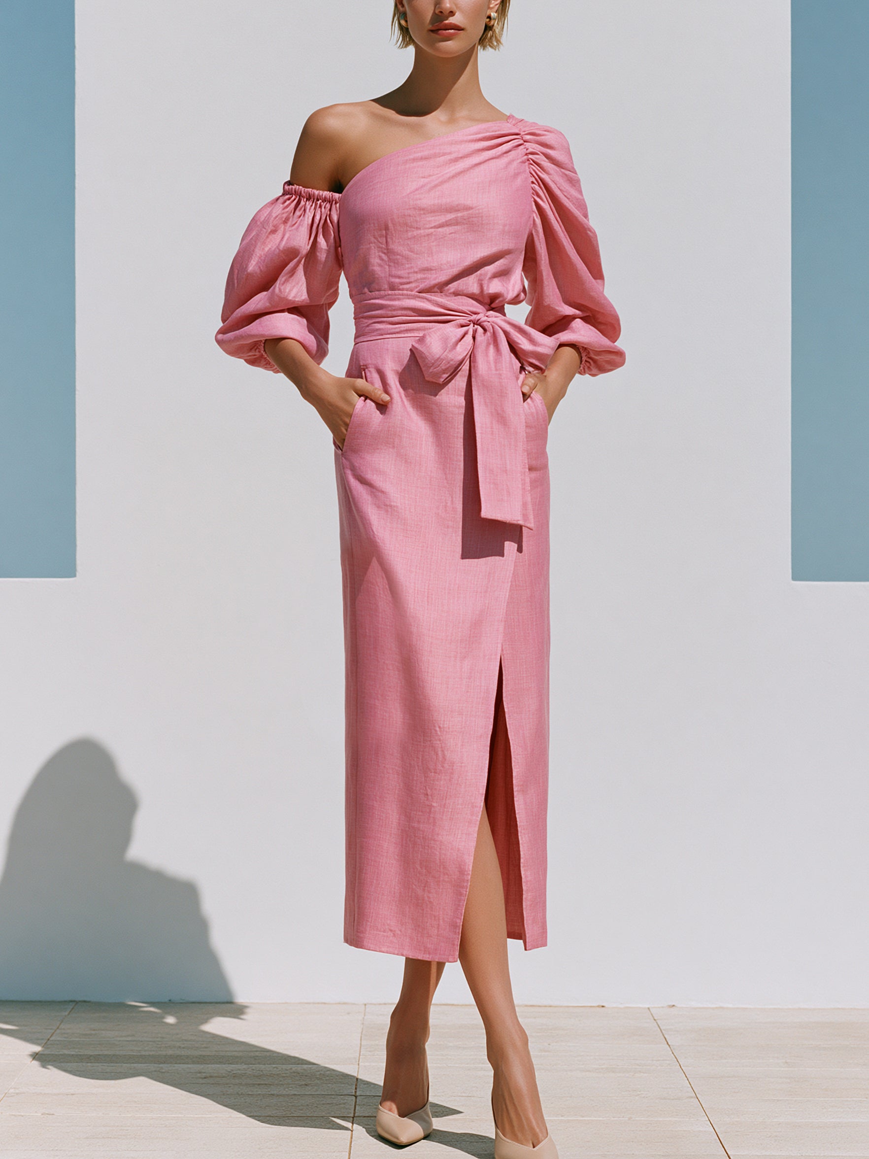 Blush Pink Cotton Asymmetrical Off-Shoulder Midi Dress