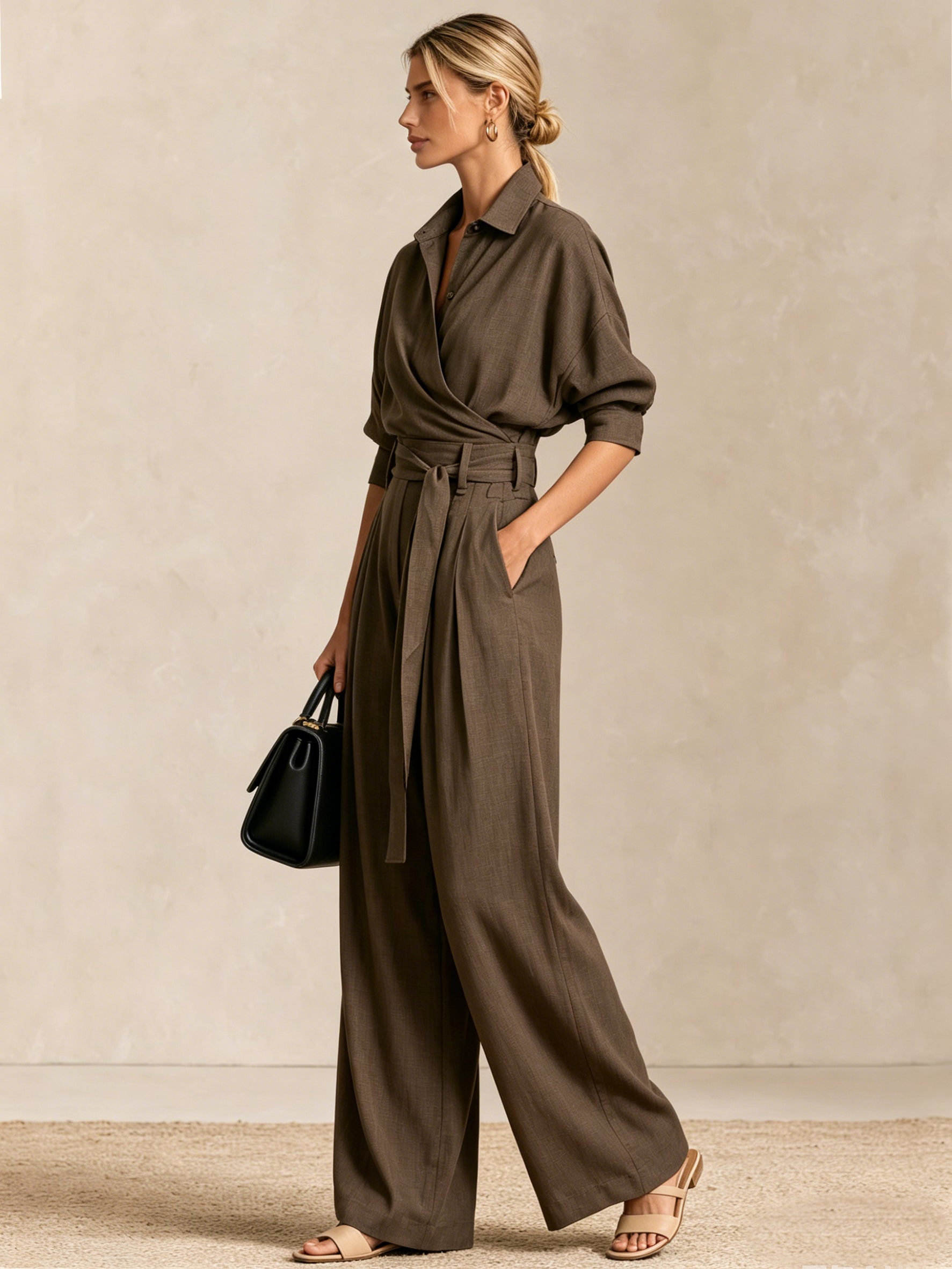 Taupe Three-quarter Sleeve Wrap Shirt & Wide Leg Trouser Set
