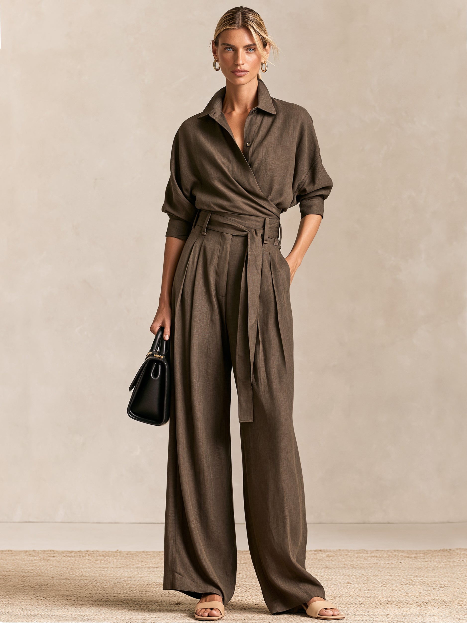 Taupe Three-quarter Sleeve Wrap Shirt & Wide Leg Trouser Set