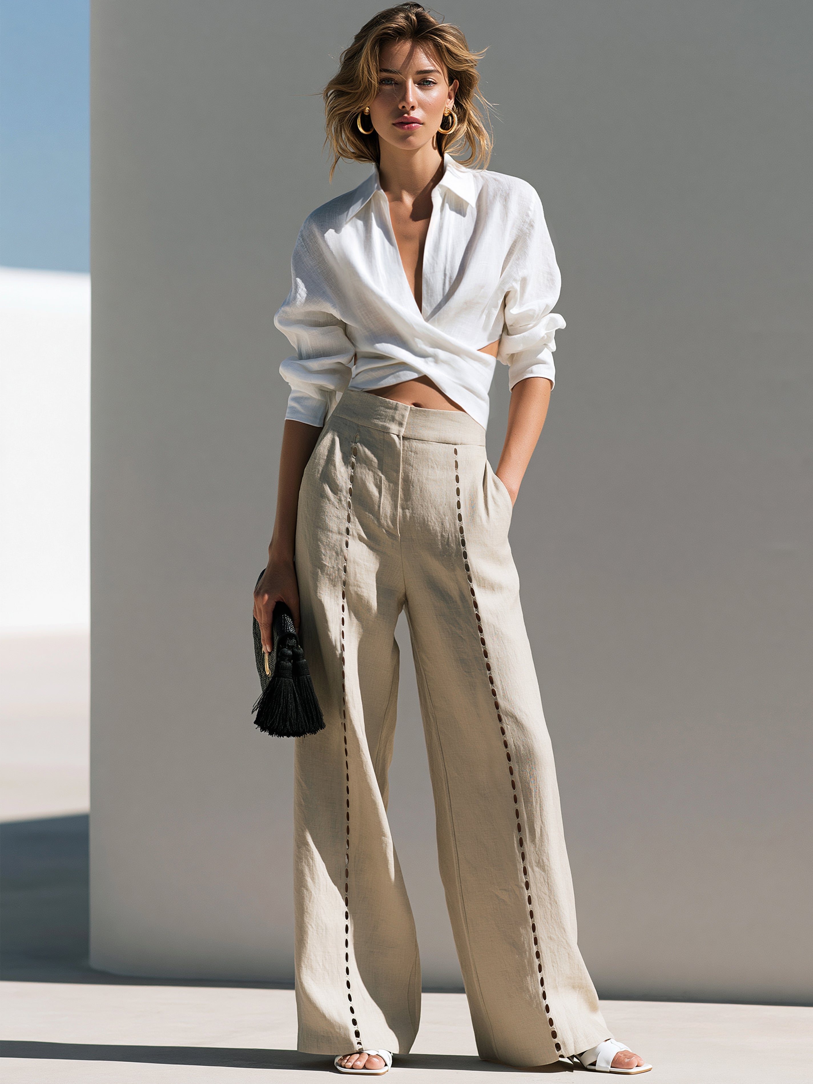 Linen Wrap Crop Shirt & Eyelet Stitch Wide Leg Trouser Set