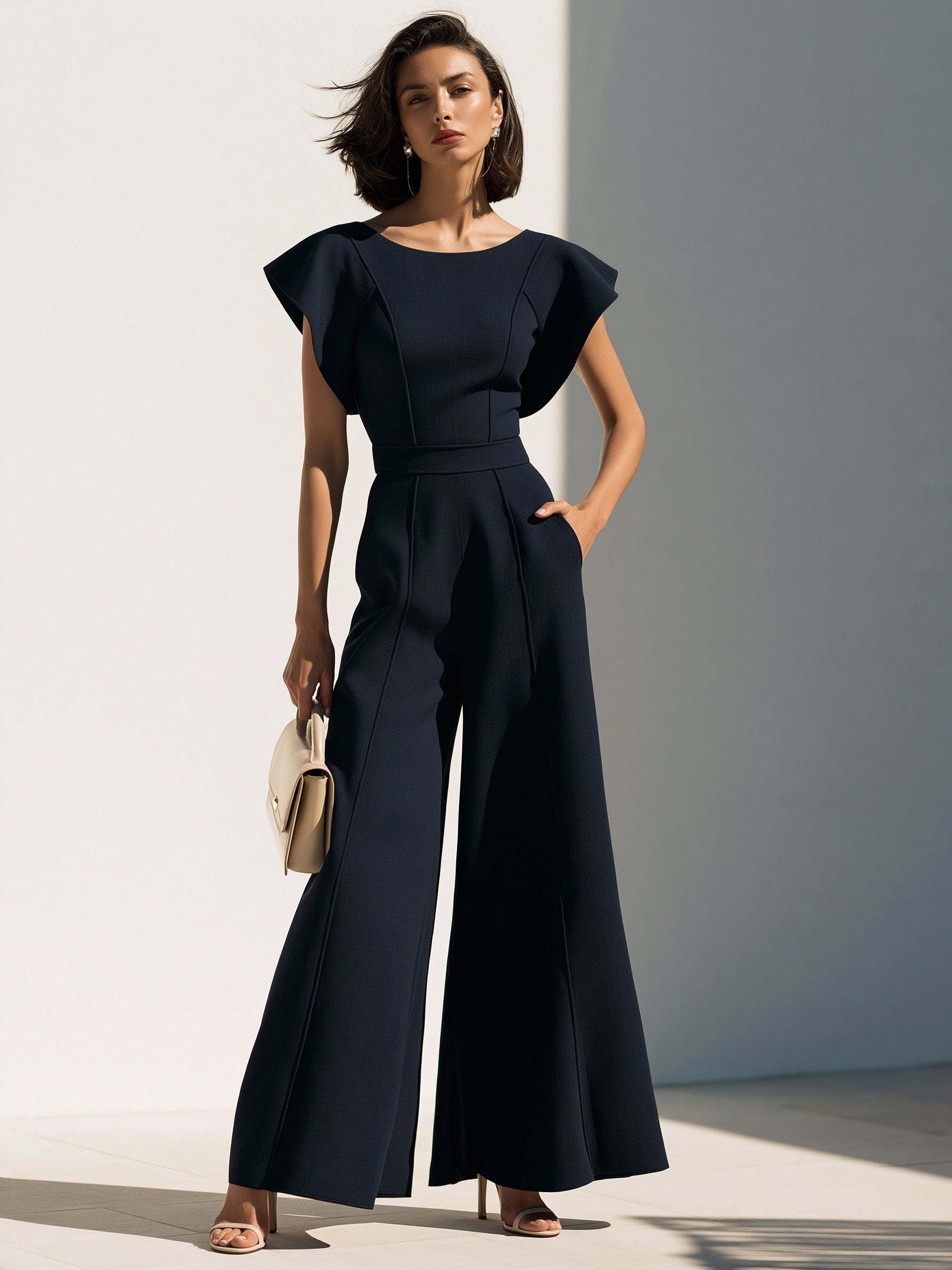 Sculpted Navy Wide-Leg Jumpsuit Set