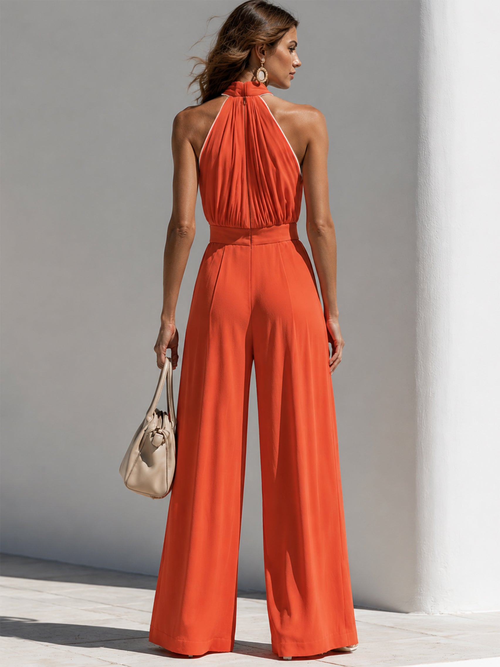 Elegant Rust Orange Halter Neck Wide Leg Jumpsuit