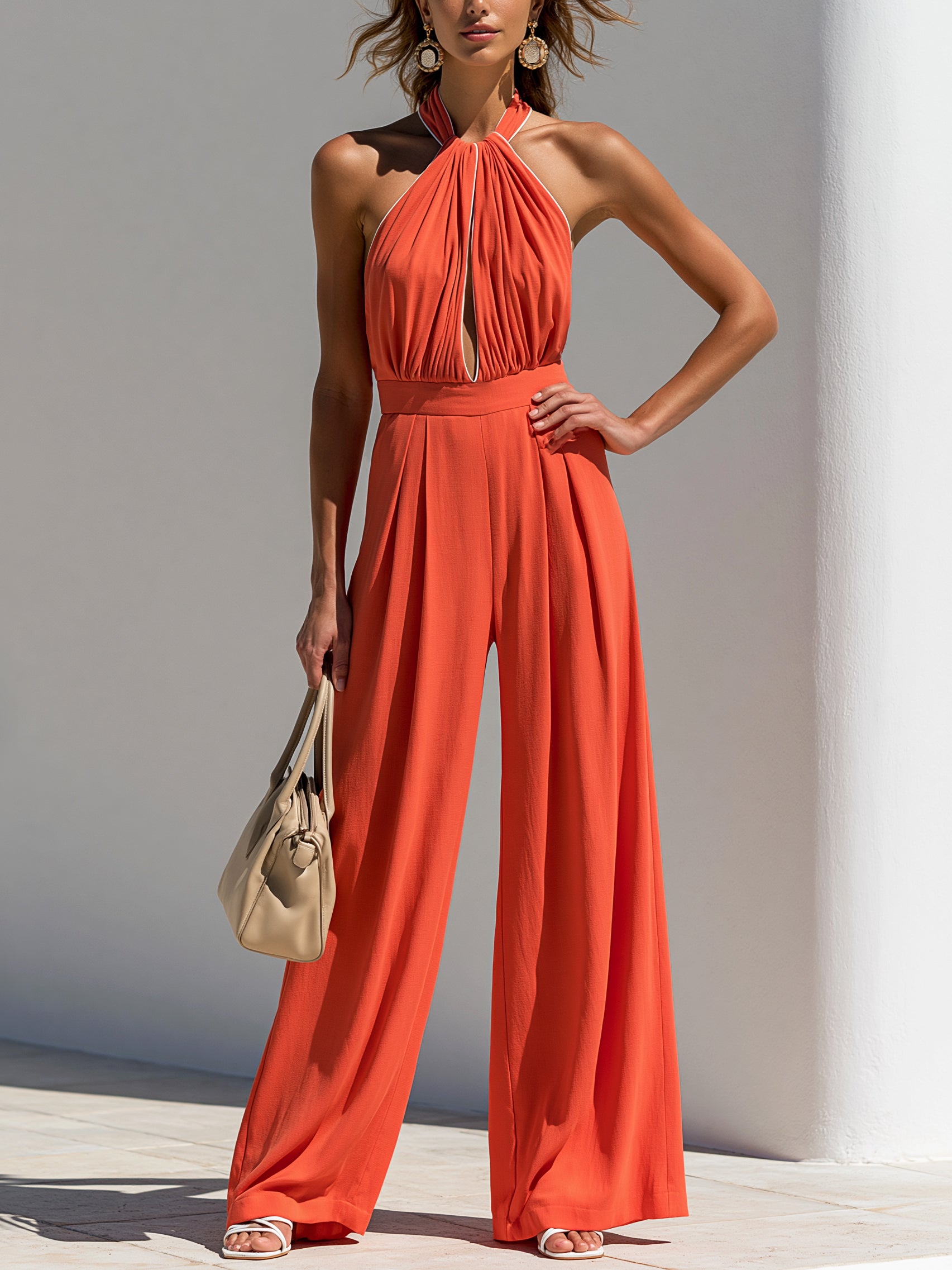 Elegant Rust Orange Halter Neck Wide Leg Jumpsuit