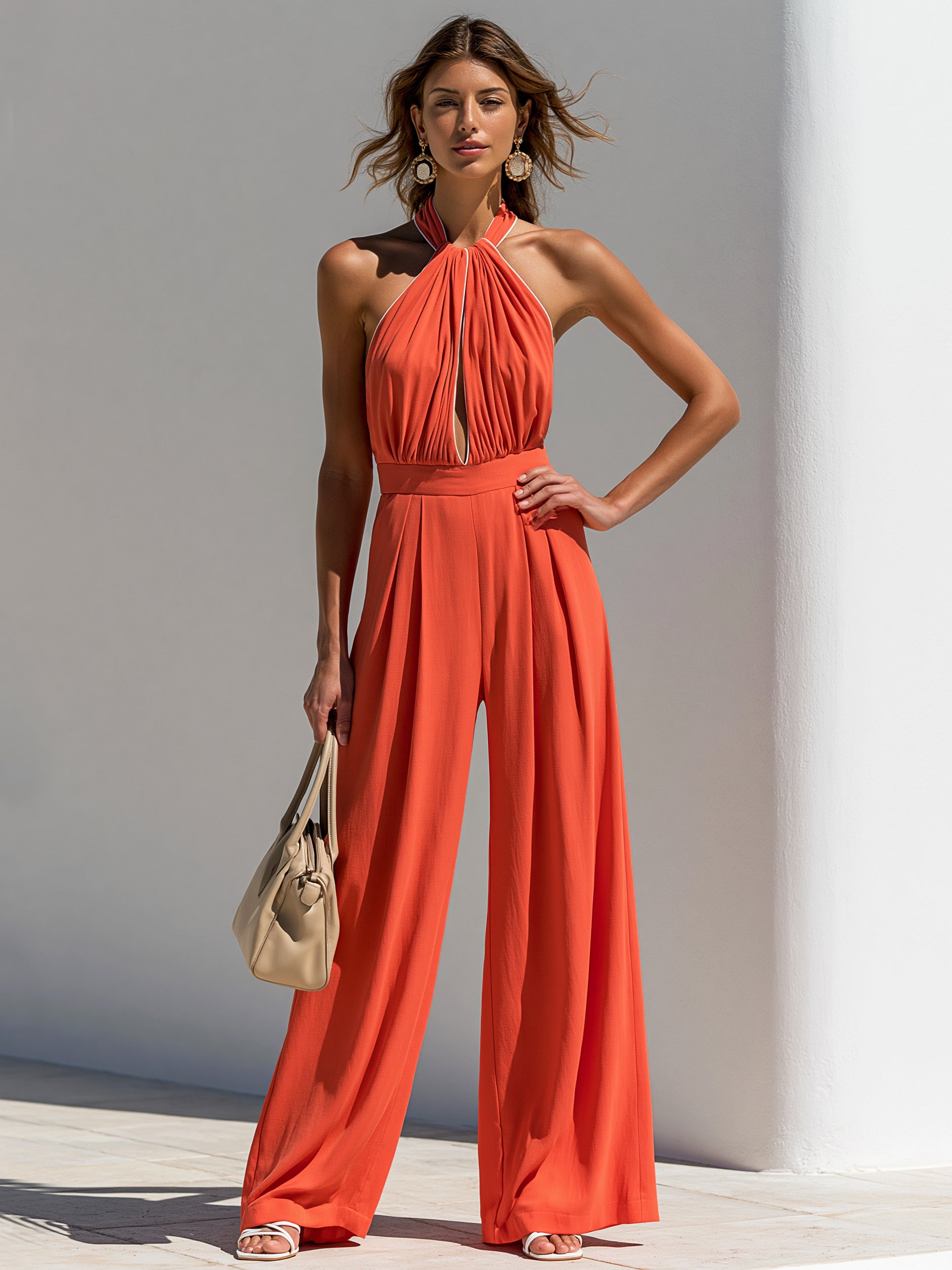 Elegant Rust Orange Halter Neck Wide Leg Jumpsuit