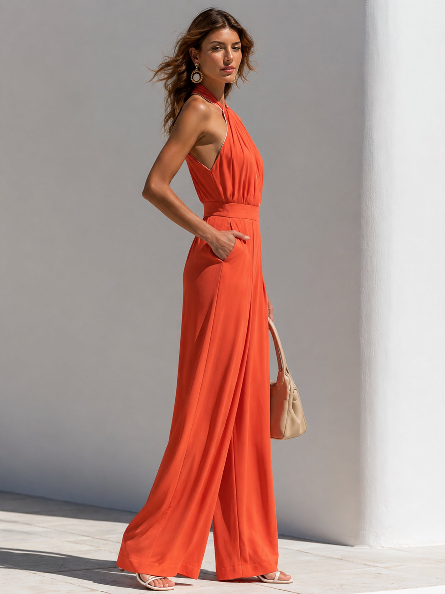 Elegant Rust Orange Halter Neck Wide Leg Jumpsuit