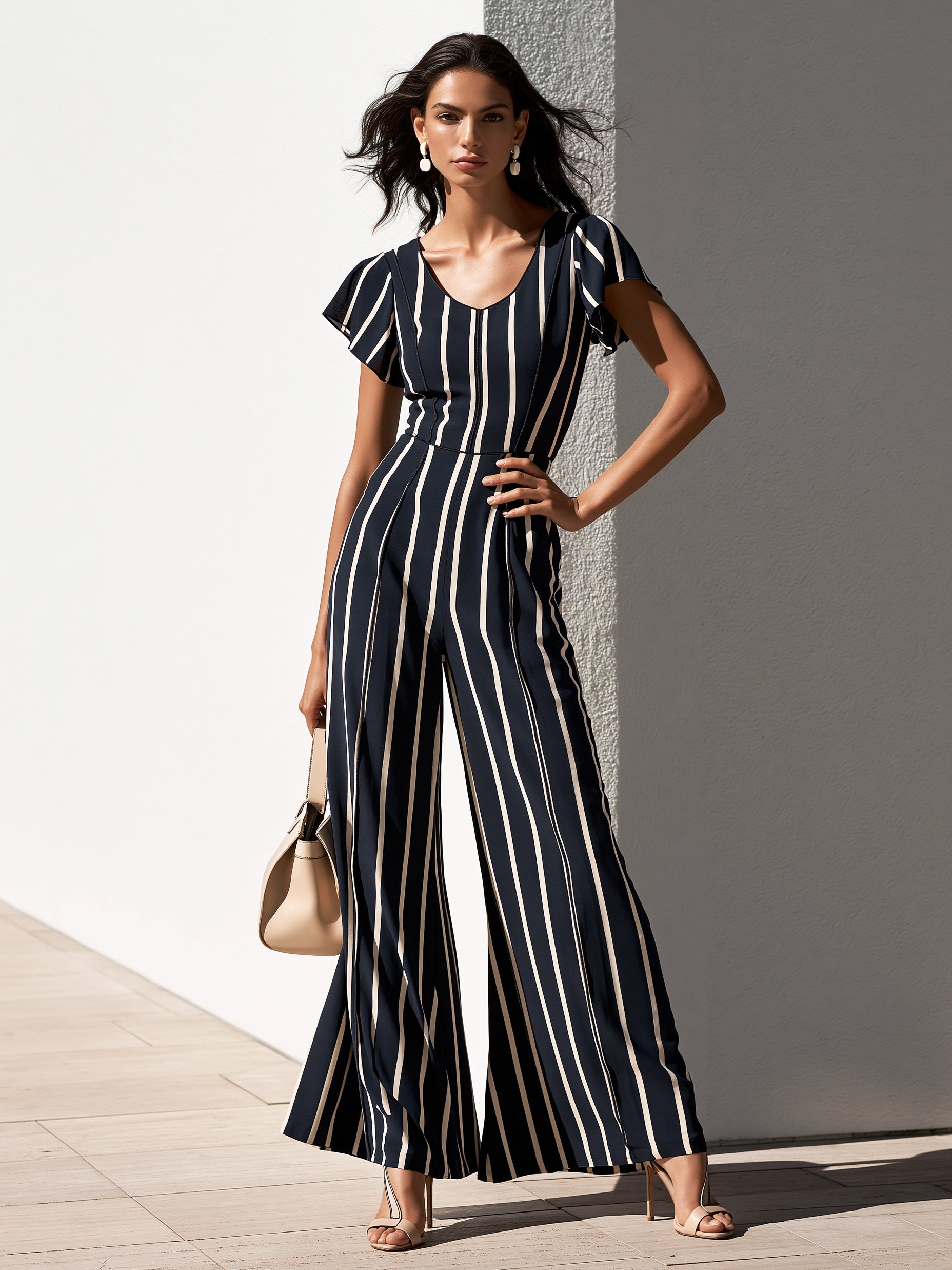 Stretchy smocked design-Navy Striped Wide-Leg Jumpsuit