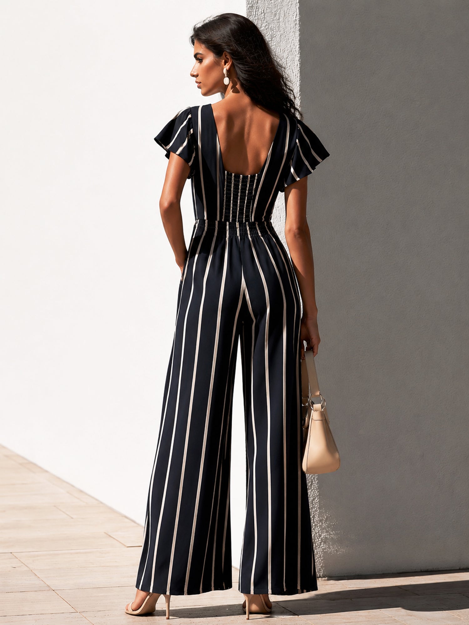 Stretchy smocked design-Navy Striped Wide-Leg Jumpsuit