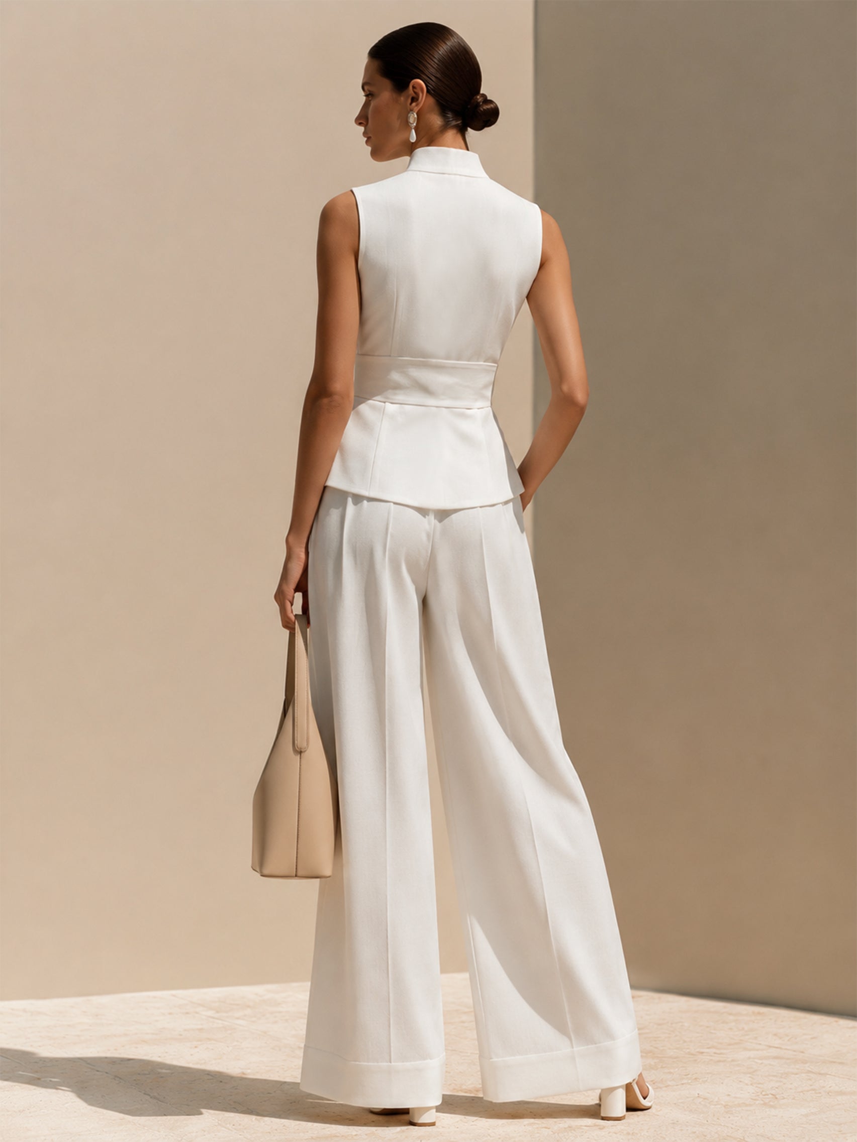 White Linen Stand Collar Sleeveless Vest & Wide Leg Trouser Set