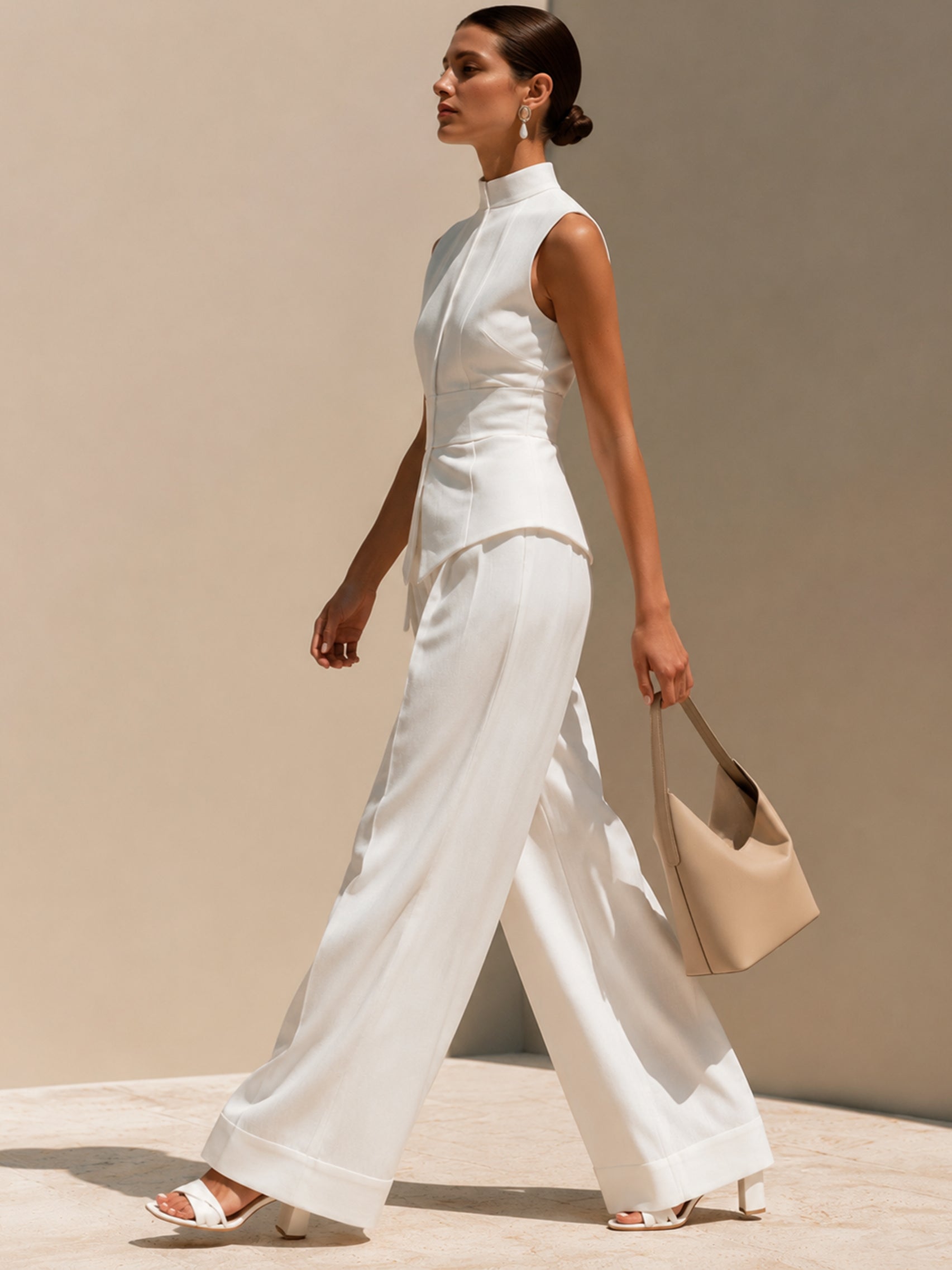 White Linen Stand Collar Sleeveless Vest & Wide Leg Trouser Set