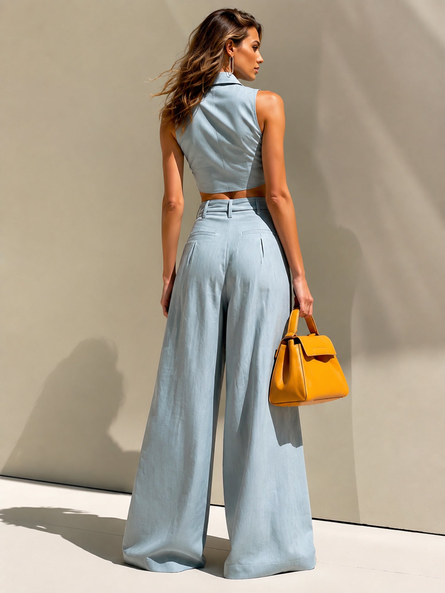 Soft Linen Sky-blue Set Featuring A Sleeveless Tie-front Top And Wide-leg Trousers