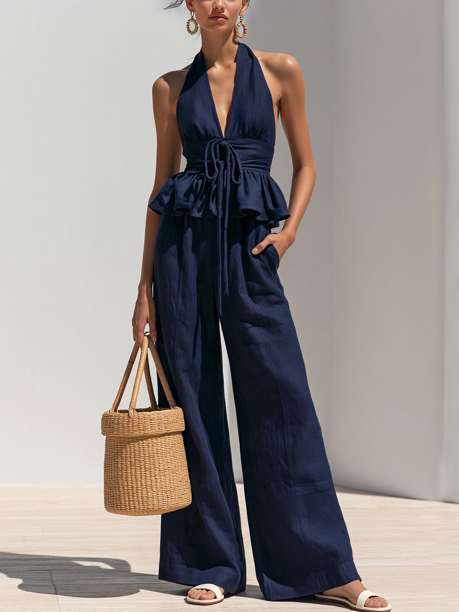 Navy Linen Halter Peplum Top & Wide Leg Trouser Set