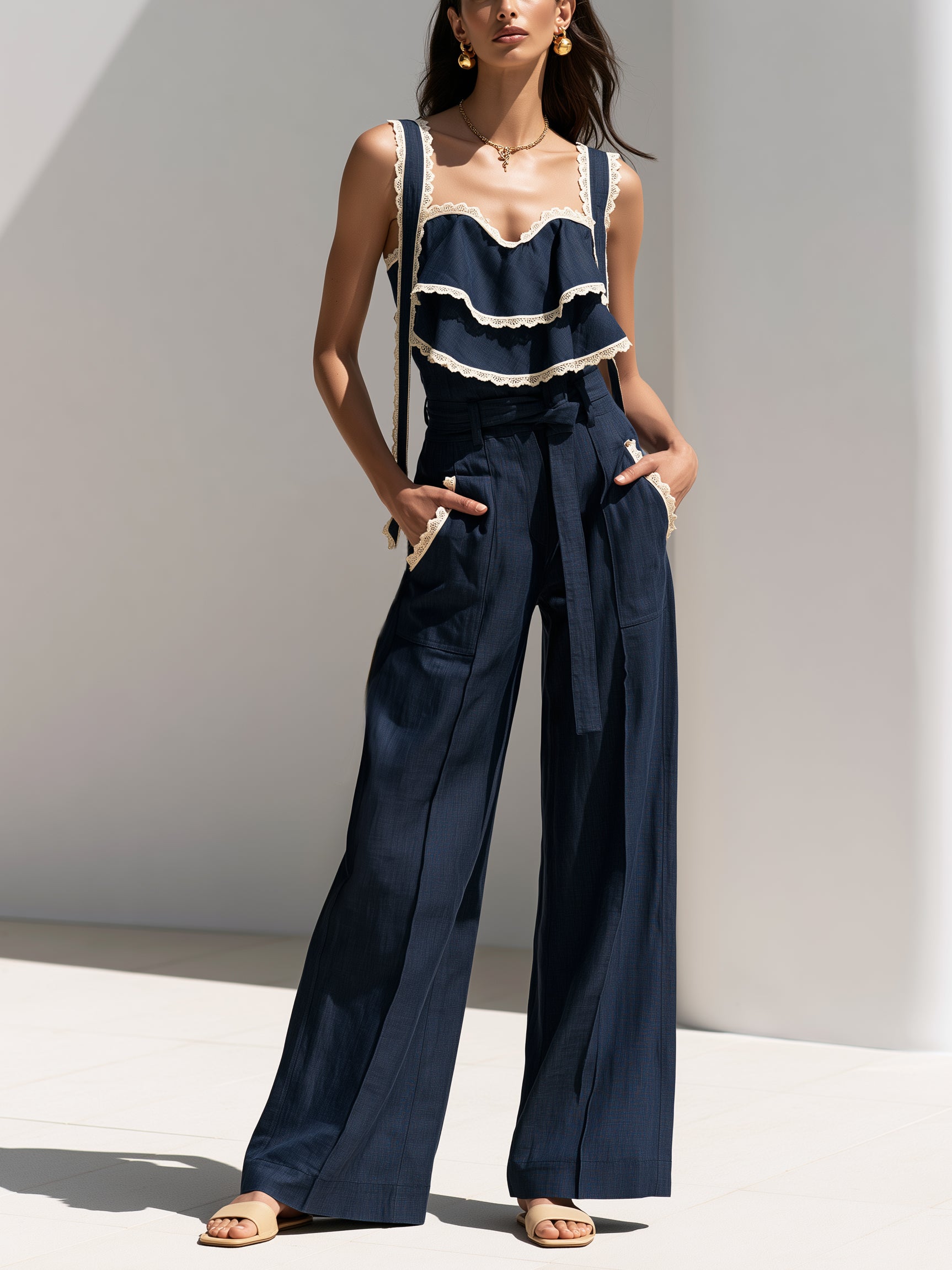 French-Style Lace-Paneled Ruffle Jumpsuit