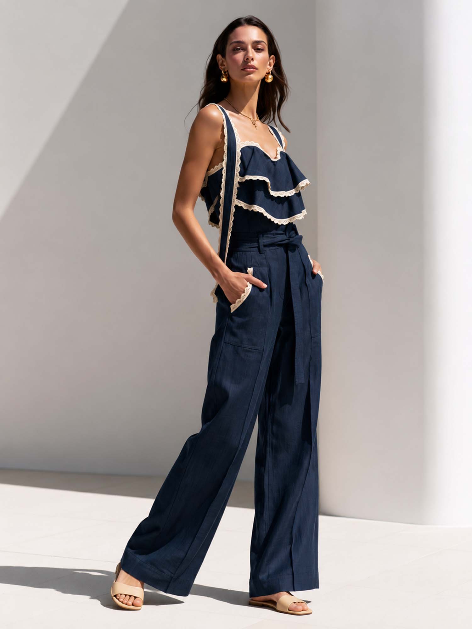 French-Style Lace-Paneled Ruffle Jumpsuit